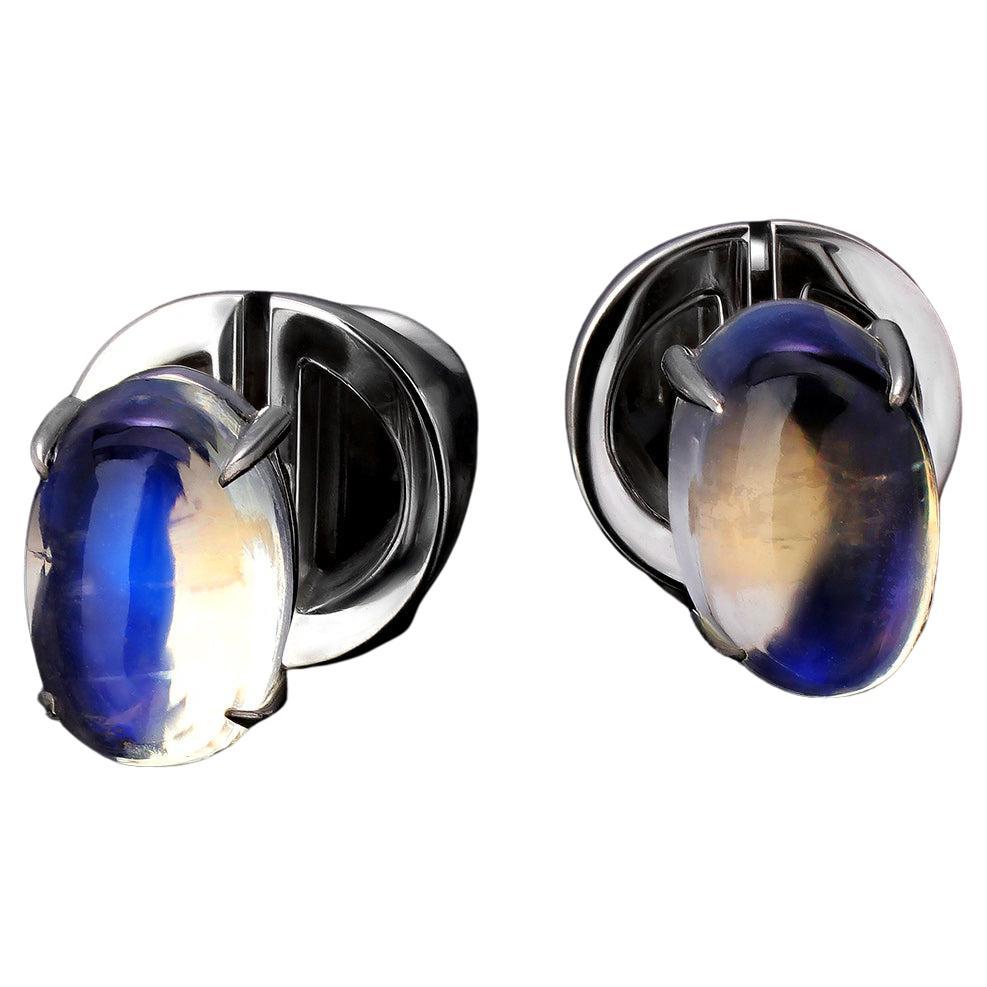 Moonstone White Gold Stud Earrings Clear Deep Blue en vente