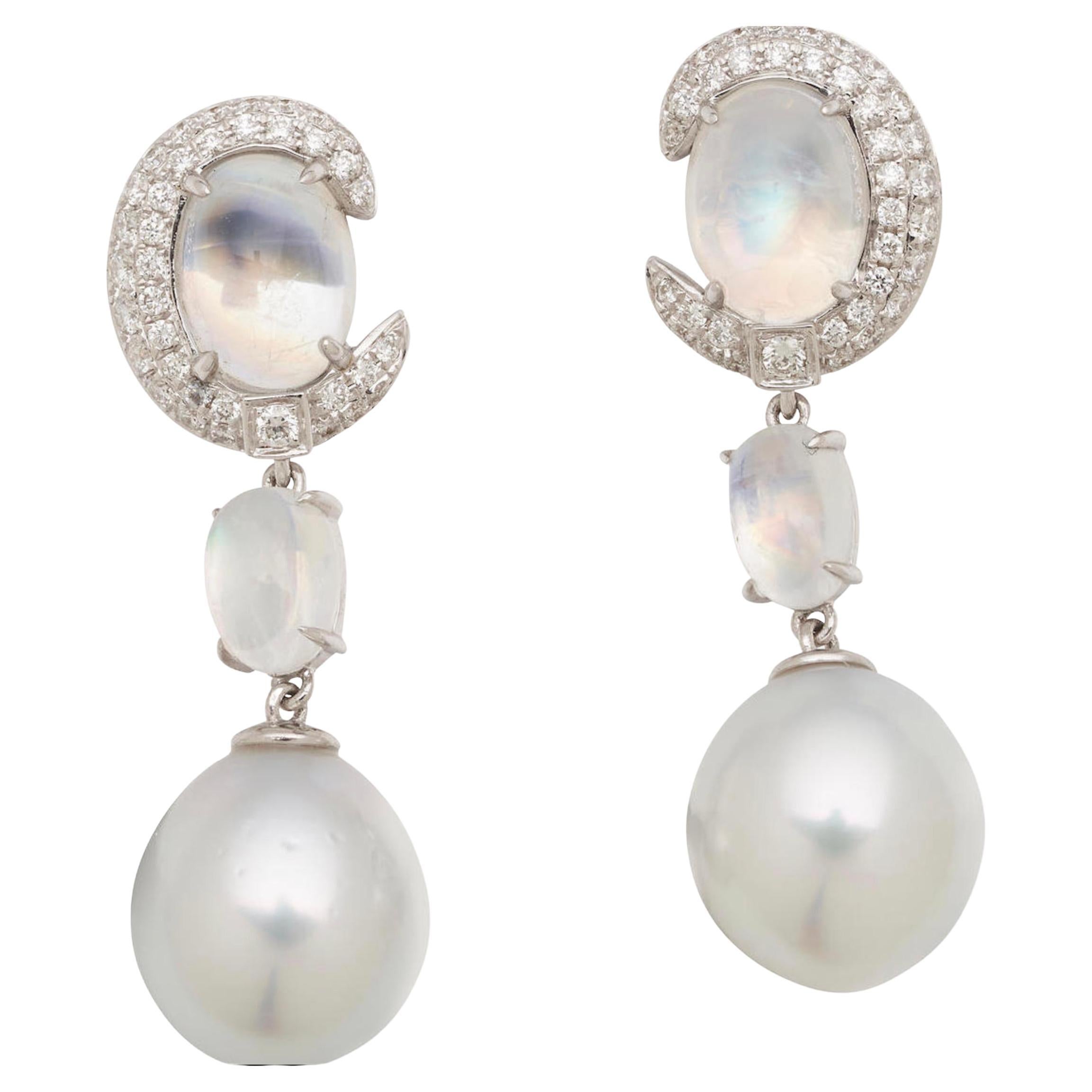 Boucles d'oreilles en or 18 carats avec pierre de lune émeraude, perle blanche des mers du Sud et diamants