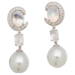 Moonstone, White South Sea Pearl and Diamond Earring in 18k White Gold