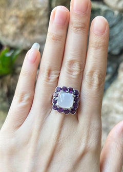 Moonstone with Amethyst Ring set in 14K Gold White Settings