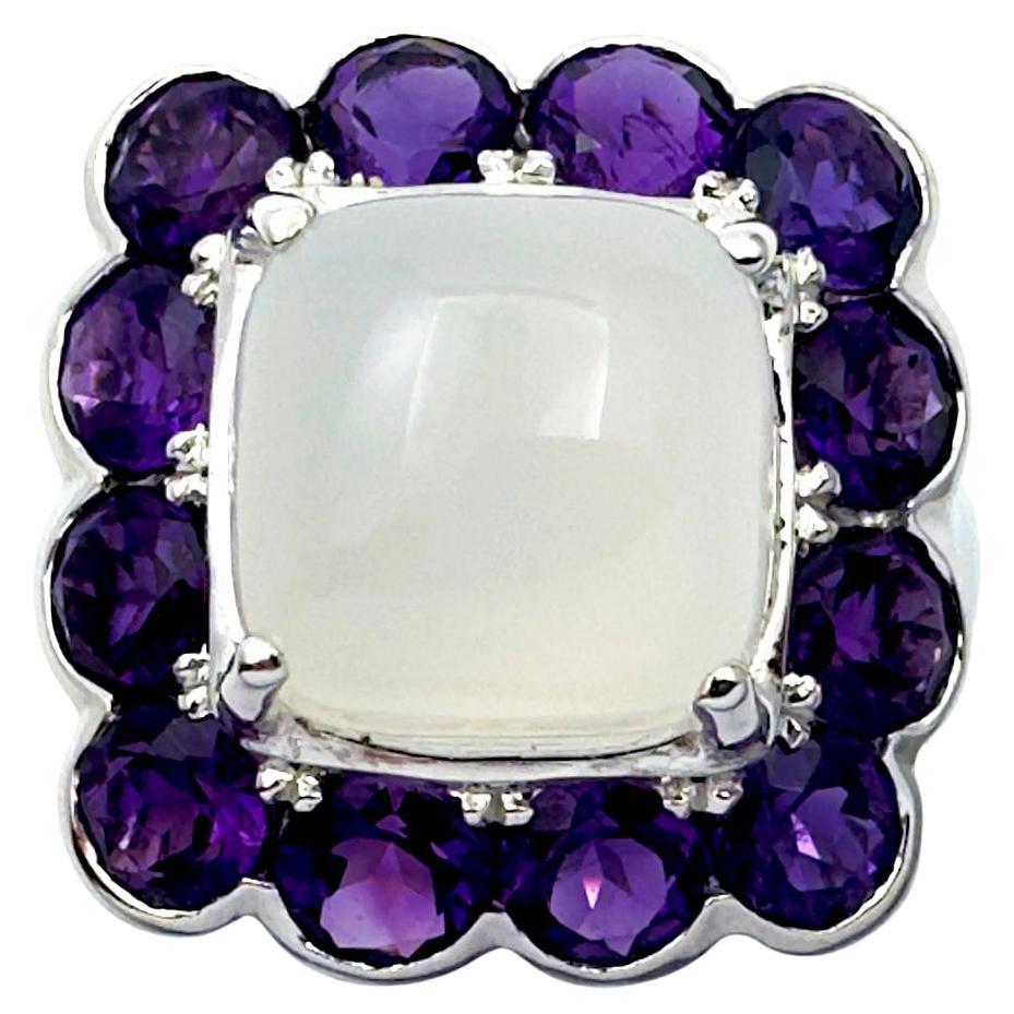 Moonstone with Amethyst Ring set in 14K Gold White Settings For Sale