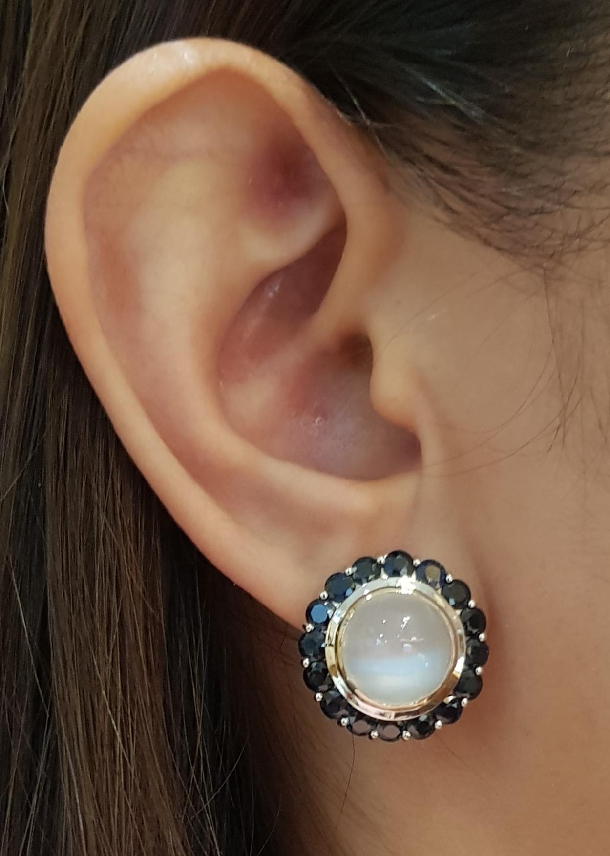 Moonstone 13.11 carats with Blue Sapphire 4.81 carats Earrings set in 14 Karat White Gold Settings

Width: 2.0 cm 
Length: 2.0 cm
Total Weight: 13.84 grams

