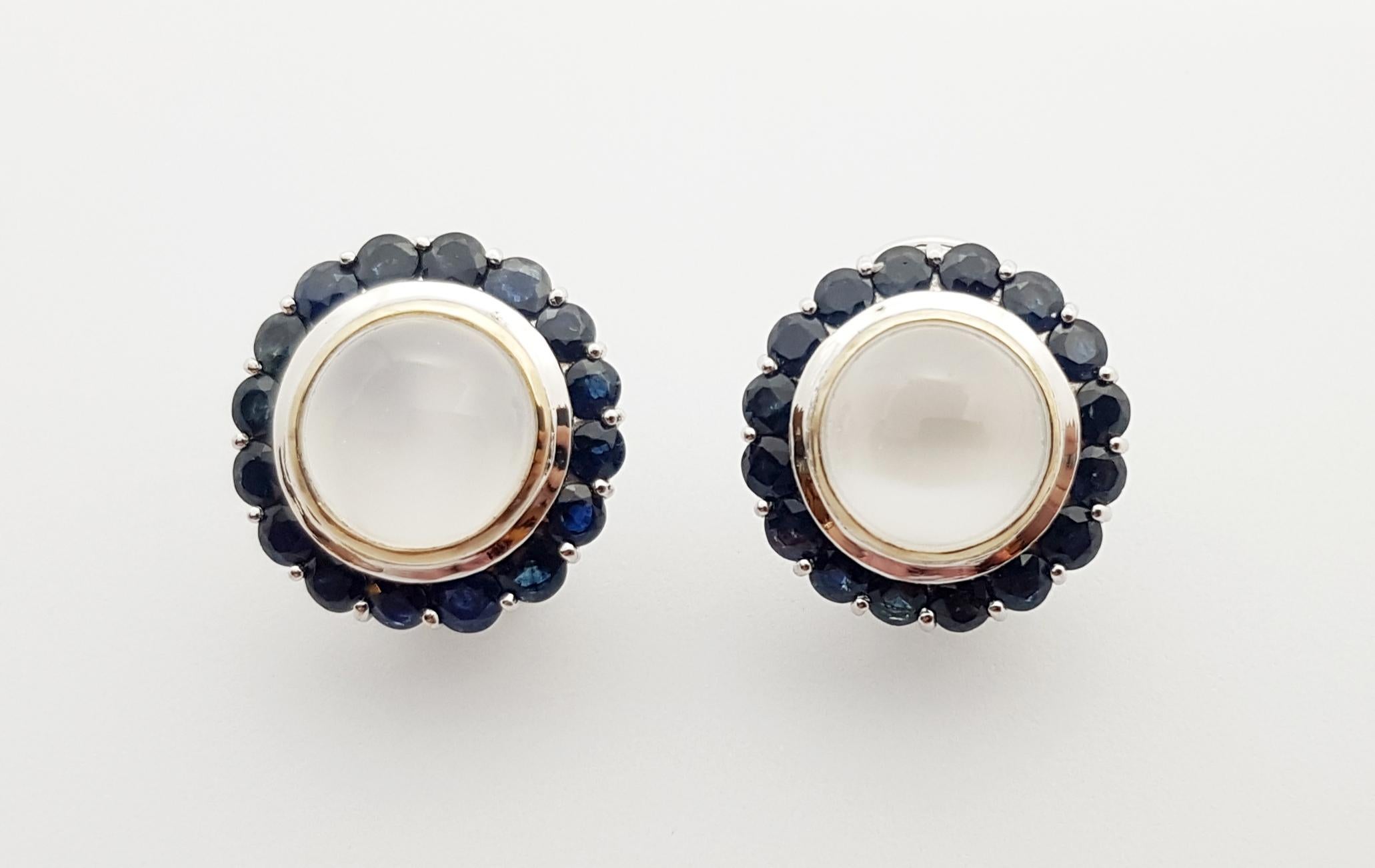Contemporary Moonstone with Blue Sapphire Earrings Set in 14 Karat White Gold Settings For Sale