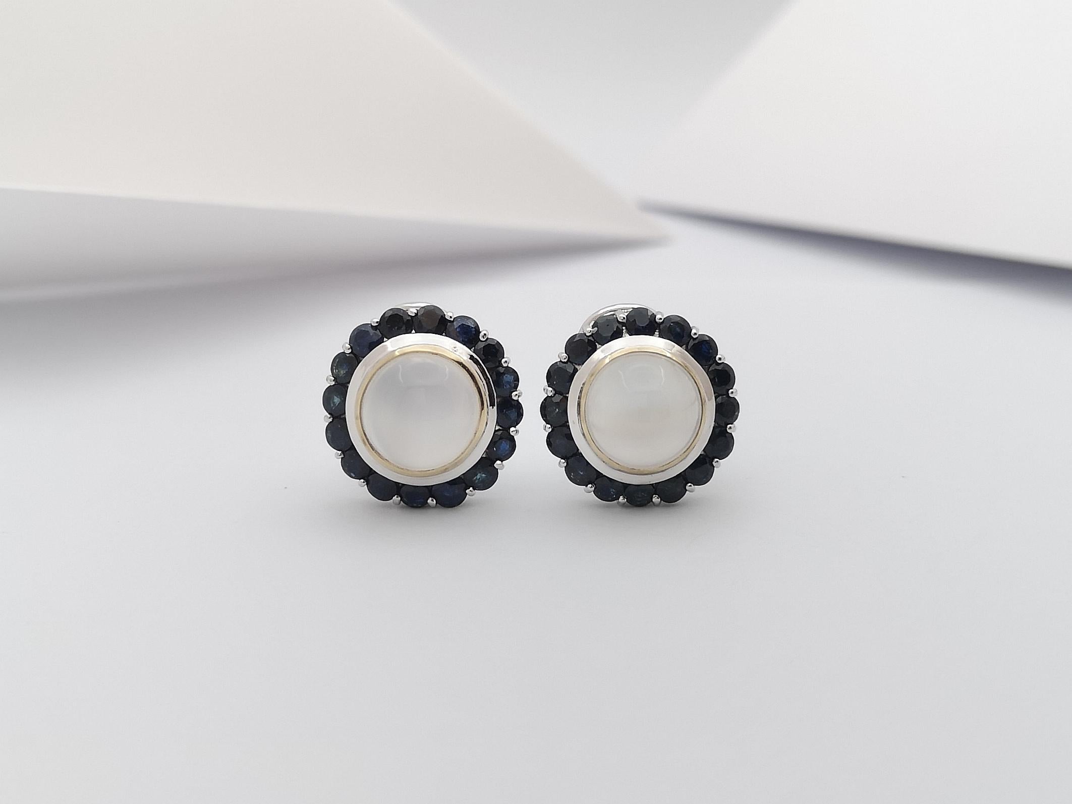 Mixed Cut Moonstone with Blue Sapphire Earrings Set in 14 Karat White Gold Settings For Sale