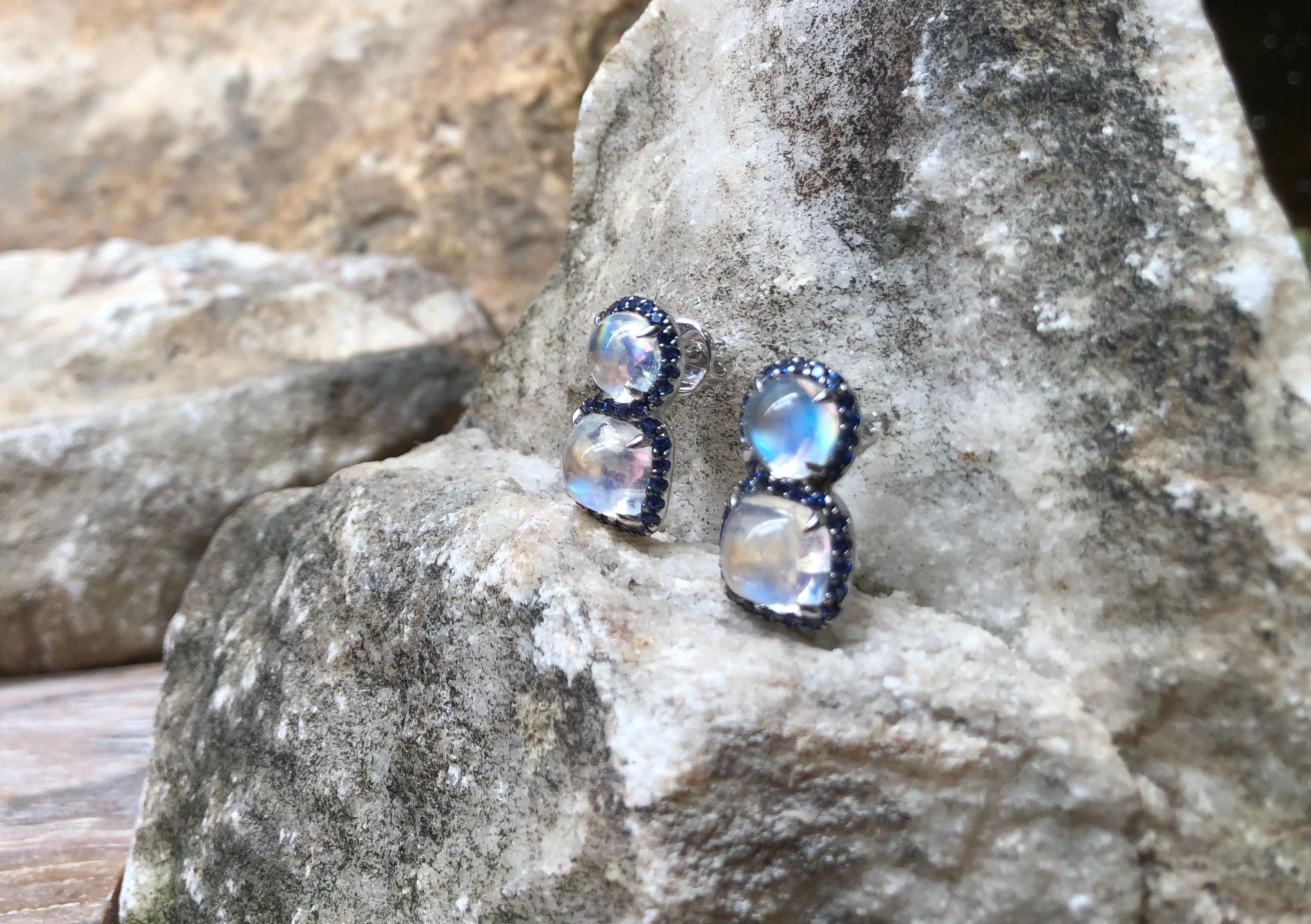 Contemporary Moonstone with Blue Sapphire Earrings Set in 18 Karat White Gold Settings