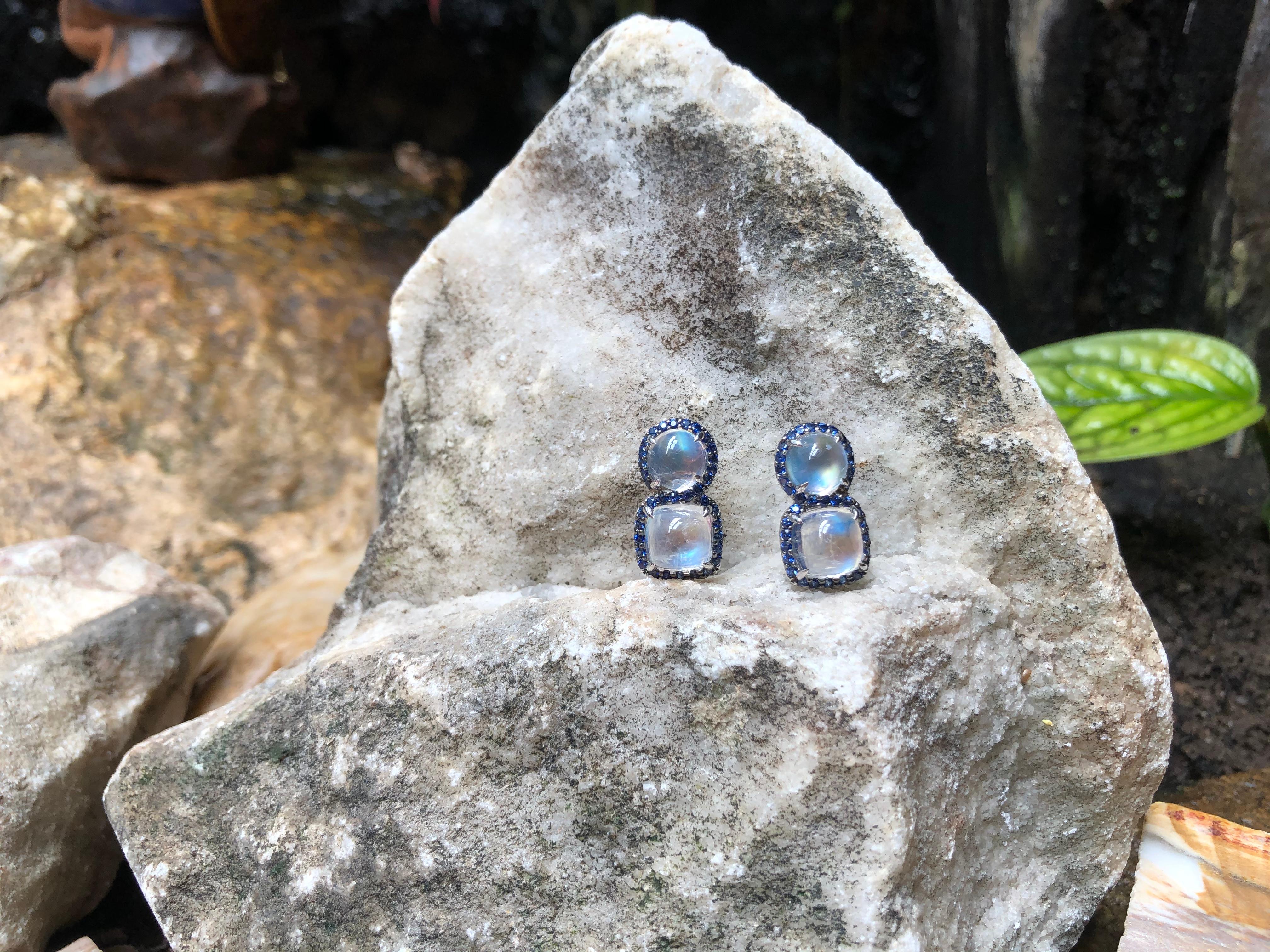 Cabochon Moonstone with Blue Sapphire Earrings Set in 18 Karat White Gold Settings