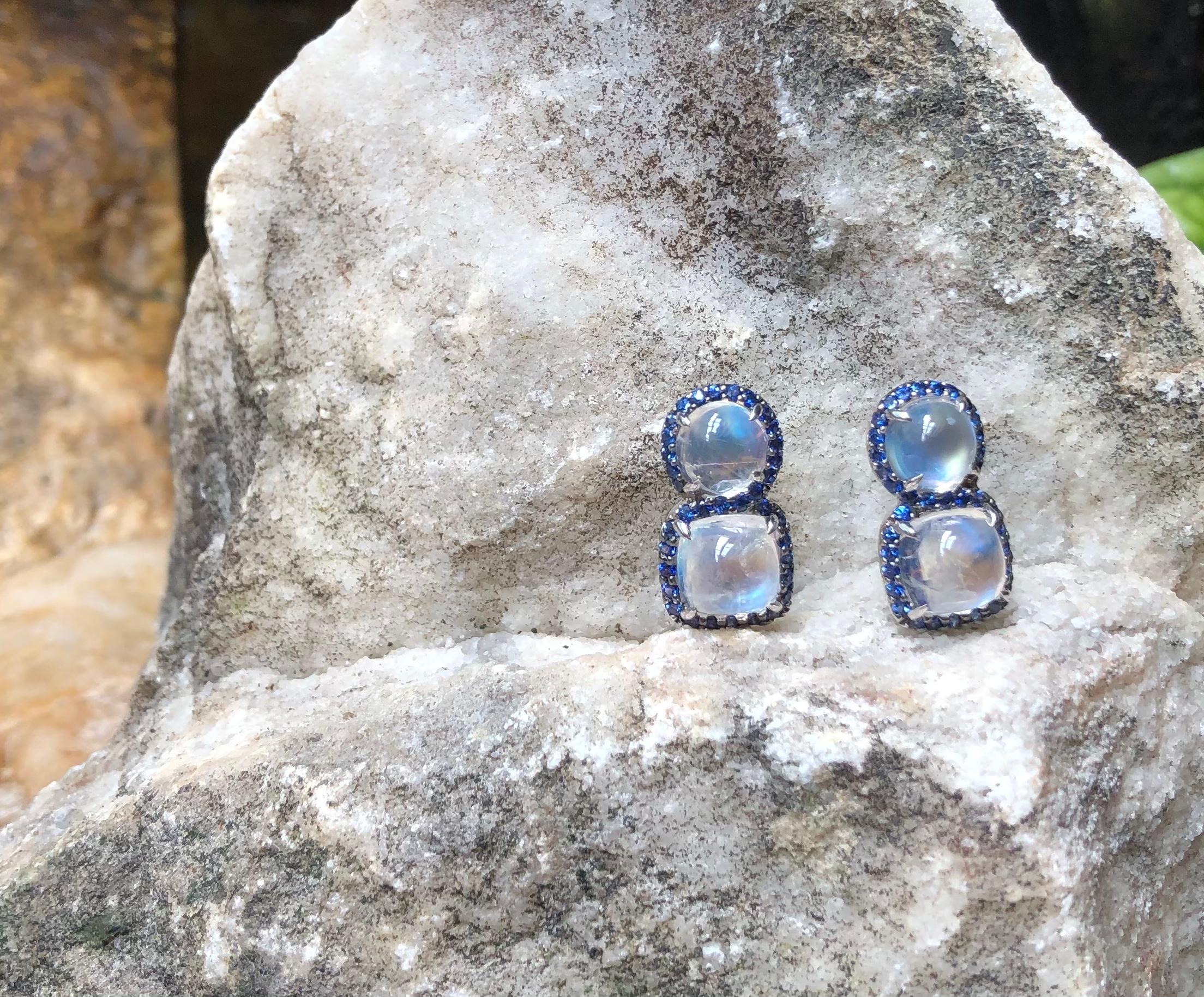 Moonstone with Blue Sapphire Earrings Set in 18 Karat White Gold Settings In New Condition In Bangkok, TH