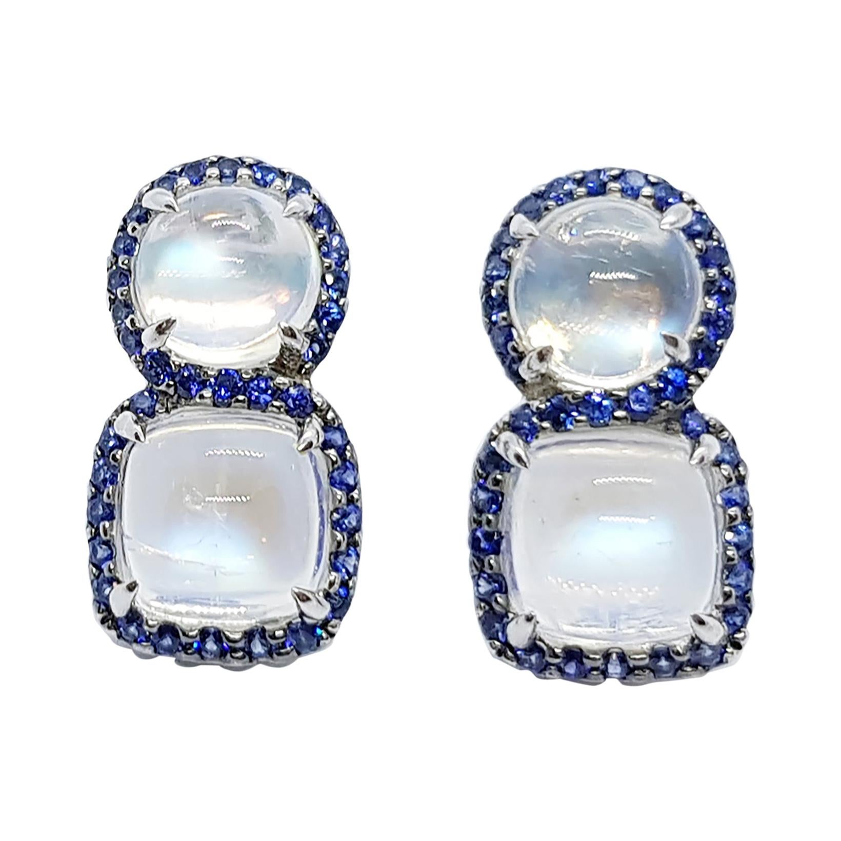 Moonstone with Blue Sapphire Earrings Set in 18 Karat White Gold Settings