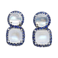 Moonstone with Blue Sapphire Earrings Set in 18 Karat White Gold Settings Moonstone with Blue Sapphire Earrings Set in 18 Karat White Gold Settings