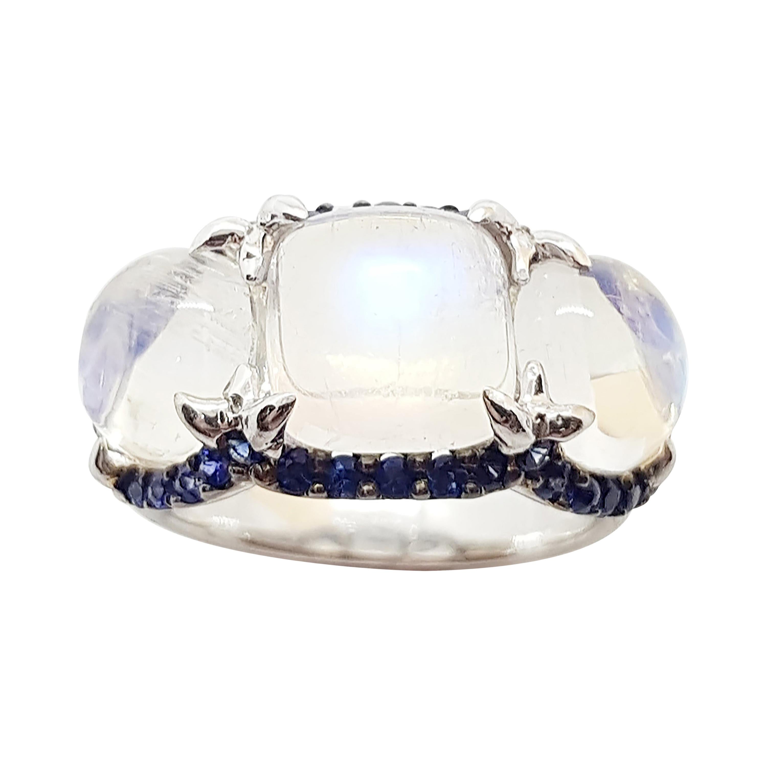 Moonstone with Blue Sapphire Ring Set in 18 Karat White Gold Settings