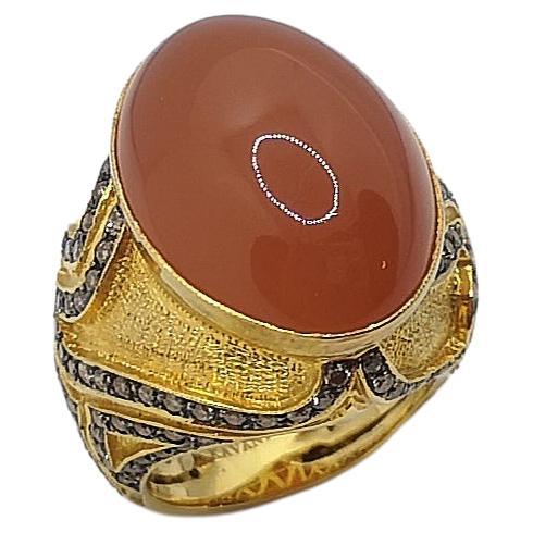 Moonstone with Brown Diamond Ring Set in 18 Karat Gold Settings For Sale
