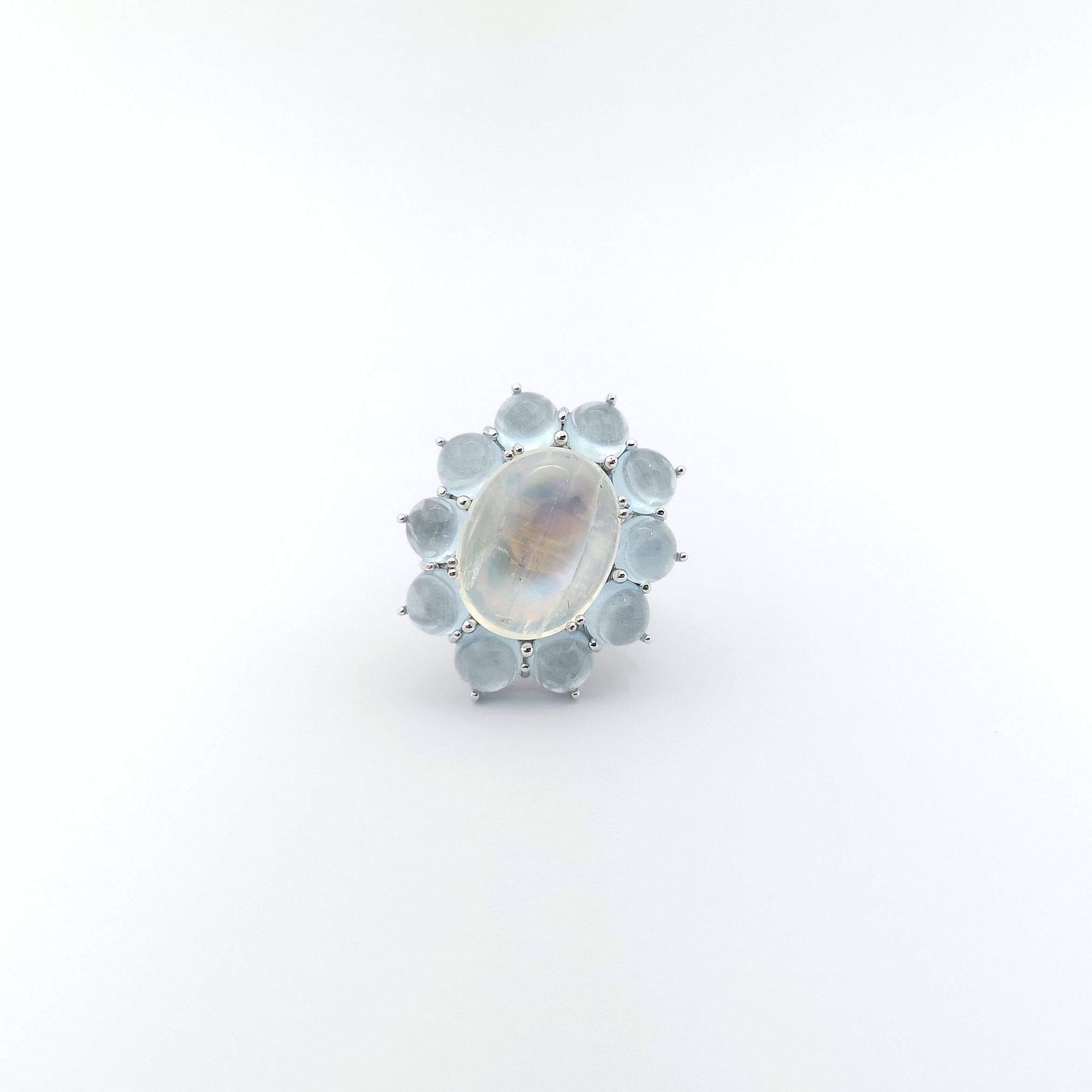 Moonstone with Cabochon Aquamarine Ring set in 14K White Gold Settings For Sale 5