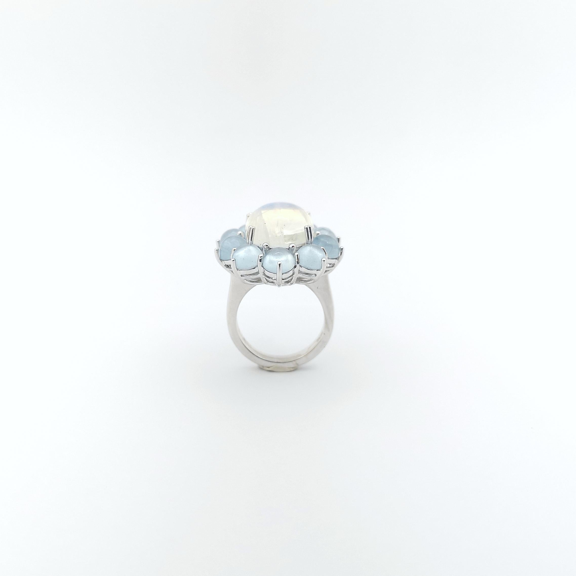 Moonstone with Cabochon Aquamarine Ring set in 14K White Gold Settings For Sale 8