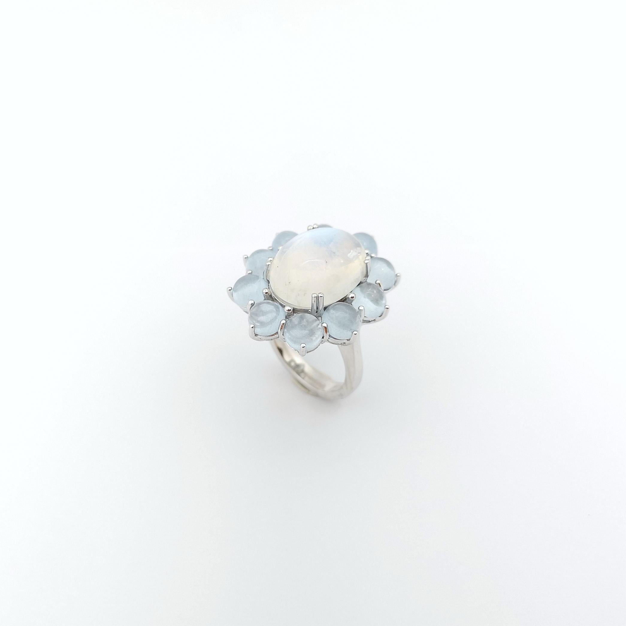 Moonstone with Cabochon Aquamarine Ring set in 14K White Gold Settings For Sale 9