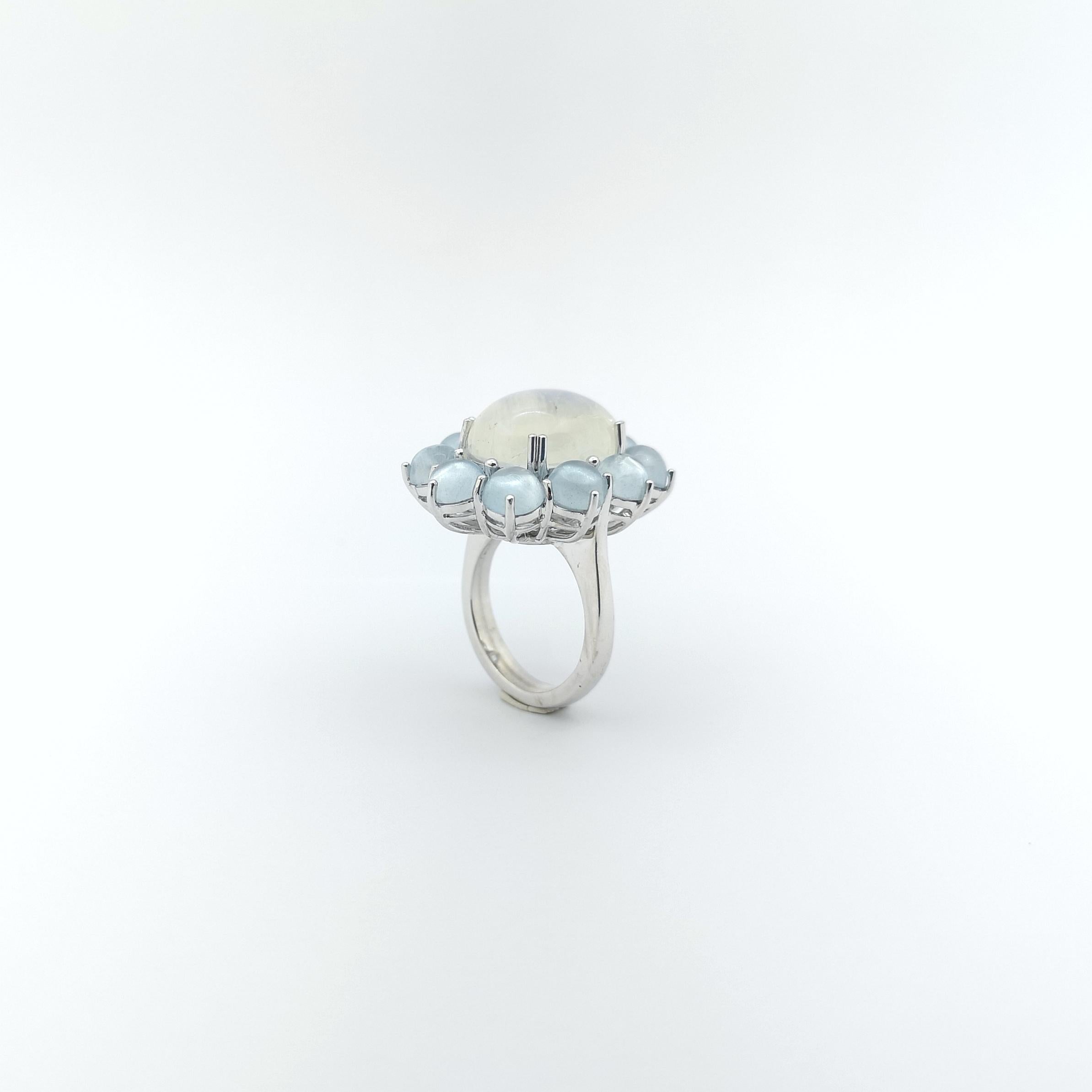 Moonstone with Cabochon Aquamarine Ring set in 14K White Gold Settings For Sale 10