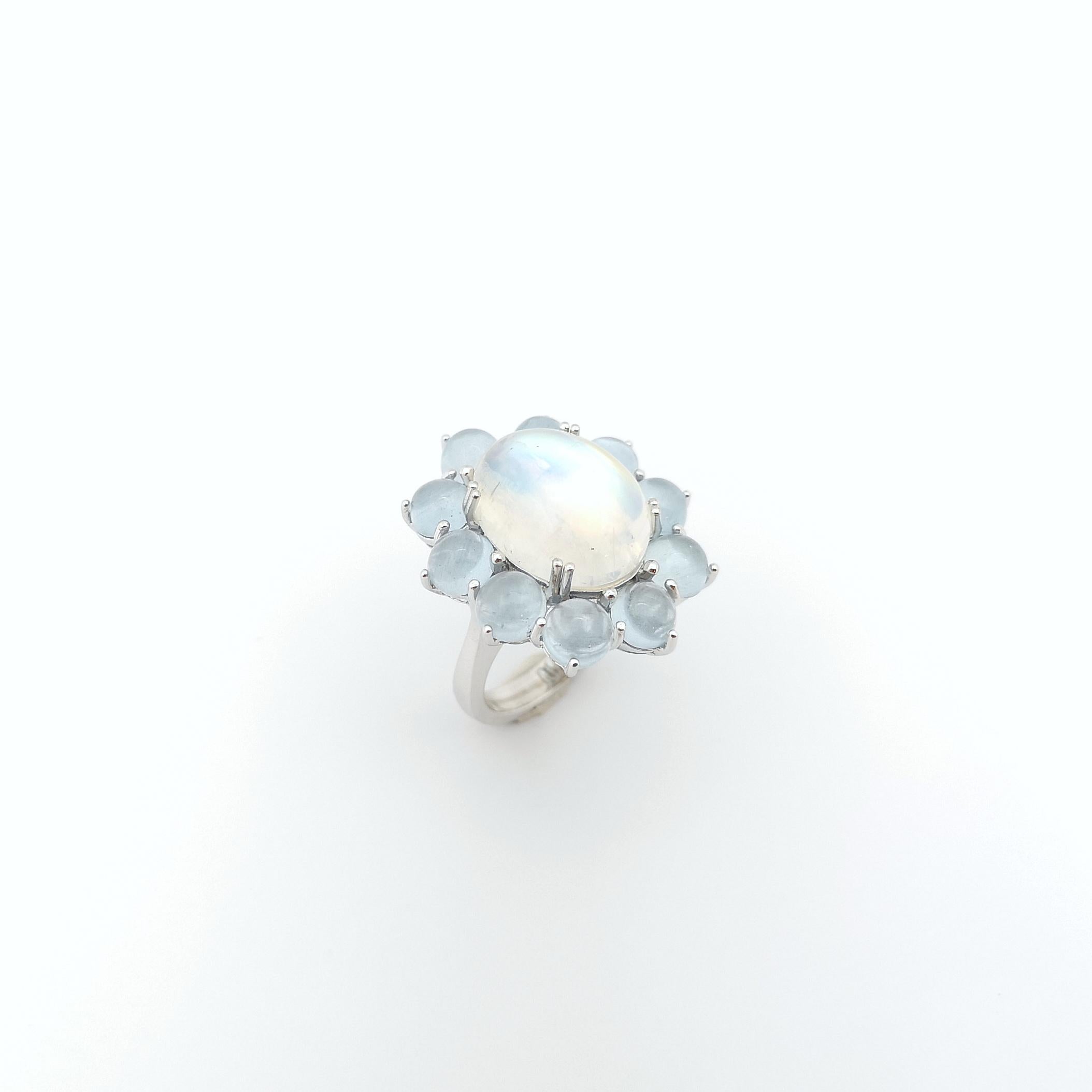 Moonstone with Cabochon Aquamarine Ring set in 14K White Gold Settings For Sale 11