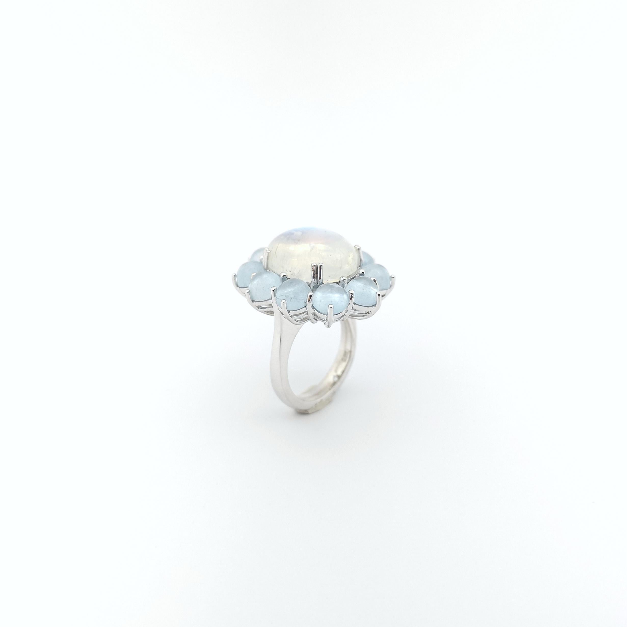 Moonstone with Cabochon Aquamarine Ring set in 14K White Gold Settings For Sale 12