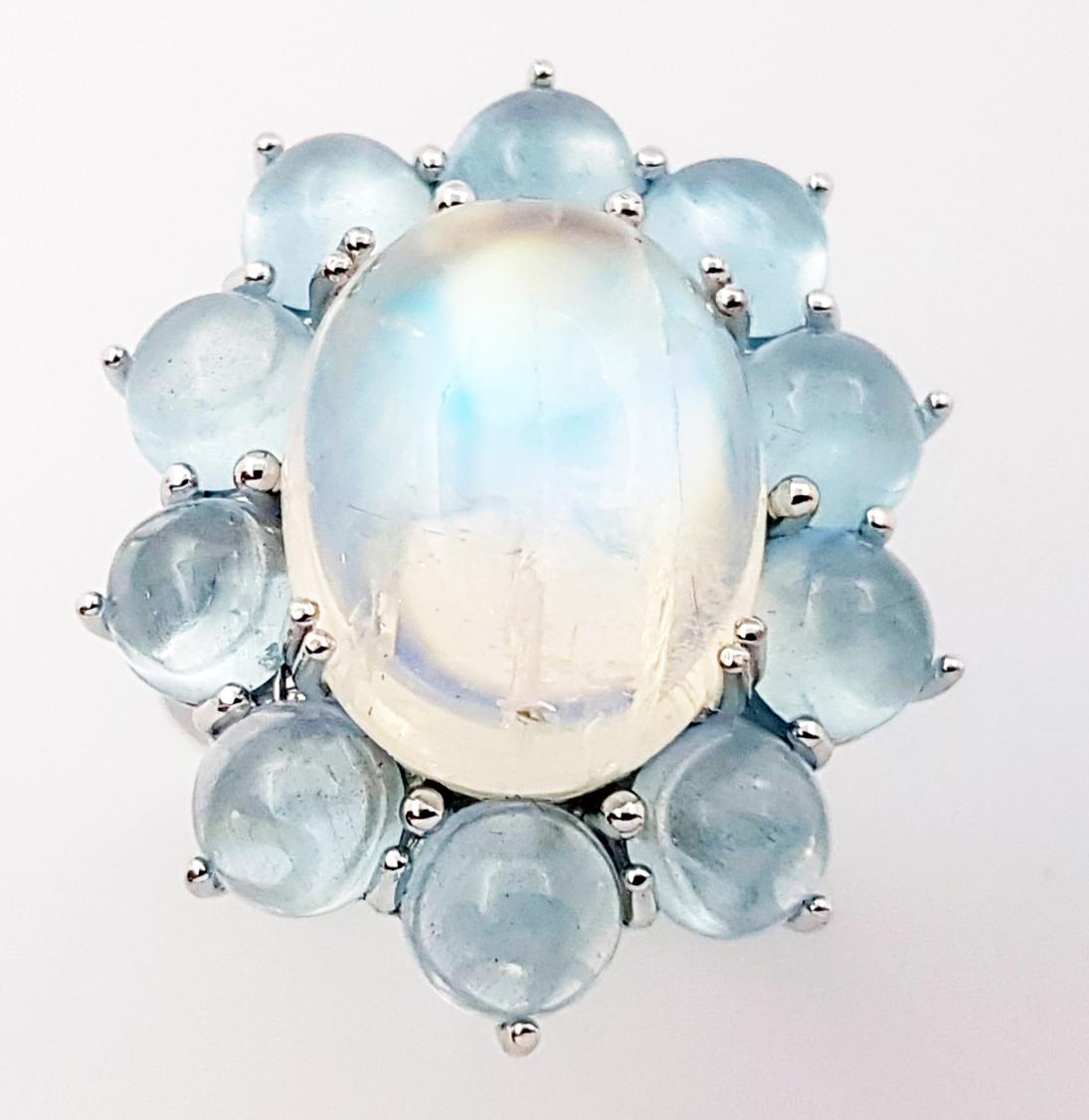 Moonstone with Cabochon Aquamarine Ring set in 14K White Gold Settings For Sale 2