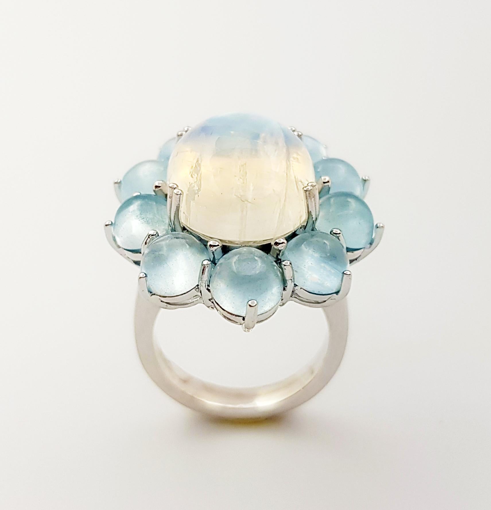 Moonstone with Cabochon Aquamarine Ring set in 14K White Gold Settings For Sale 3
