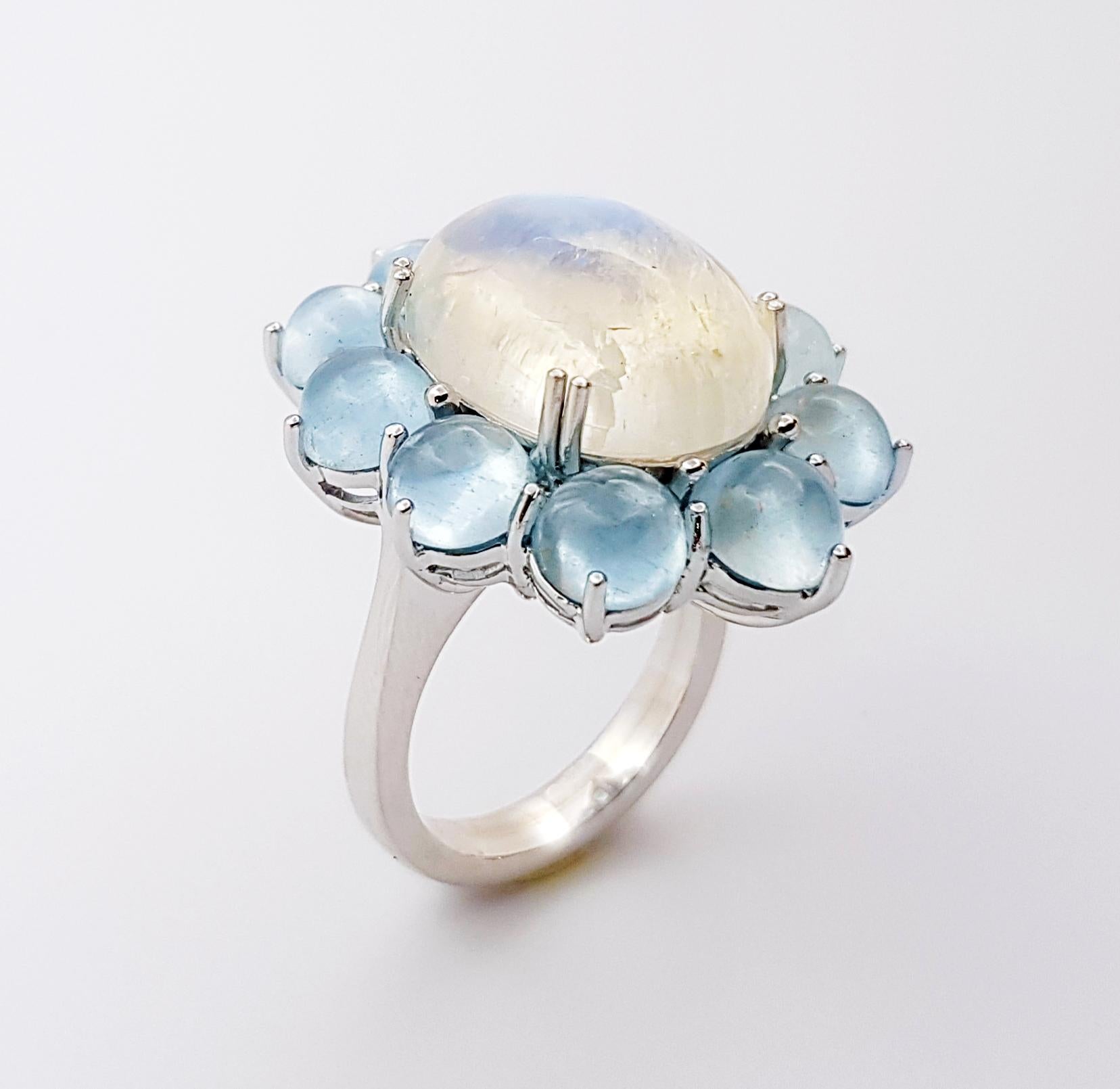 Moonstone with Cabochon Aquamarine Ring set in 14K White Gold Settings For Sale 4