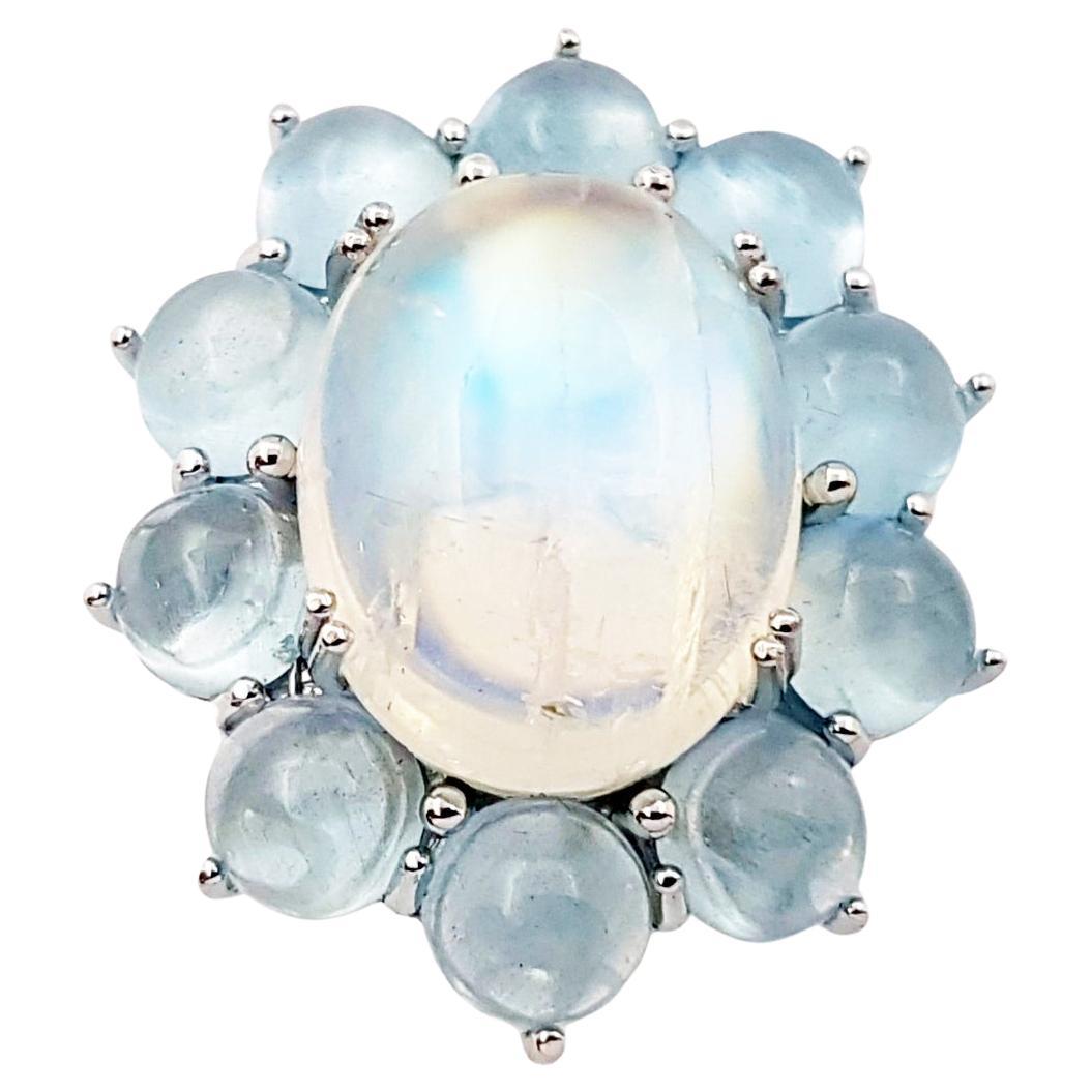 Moonstone with Cabochon Aquamarine Ring set in 14K White Gold Settings For Sale
