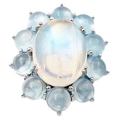 Moonstone with Cabochon Aquamarine Ring set in 14K White Gold Settings