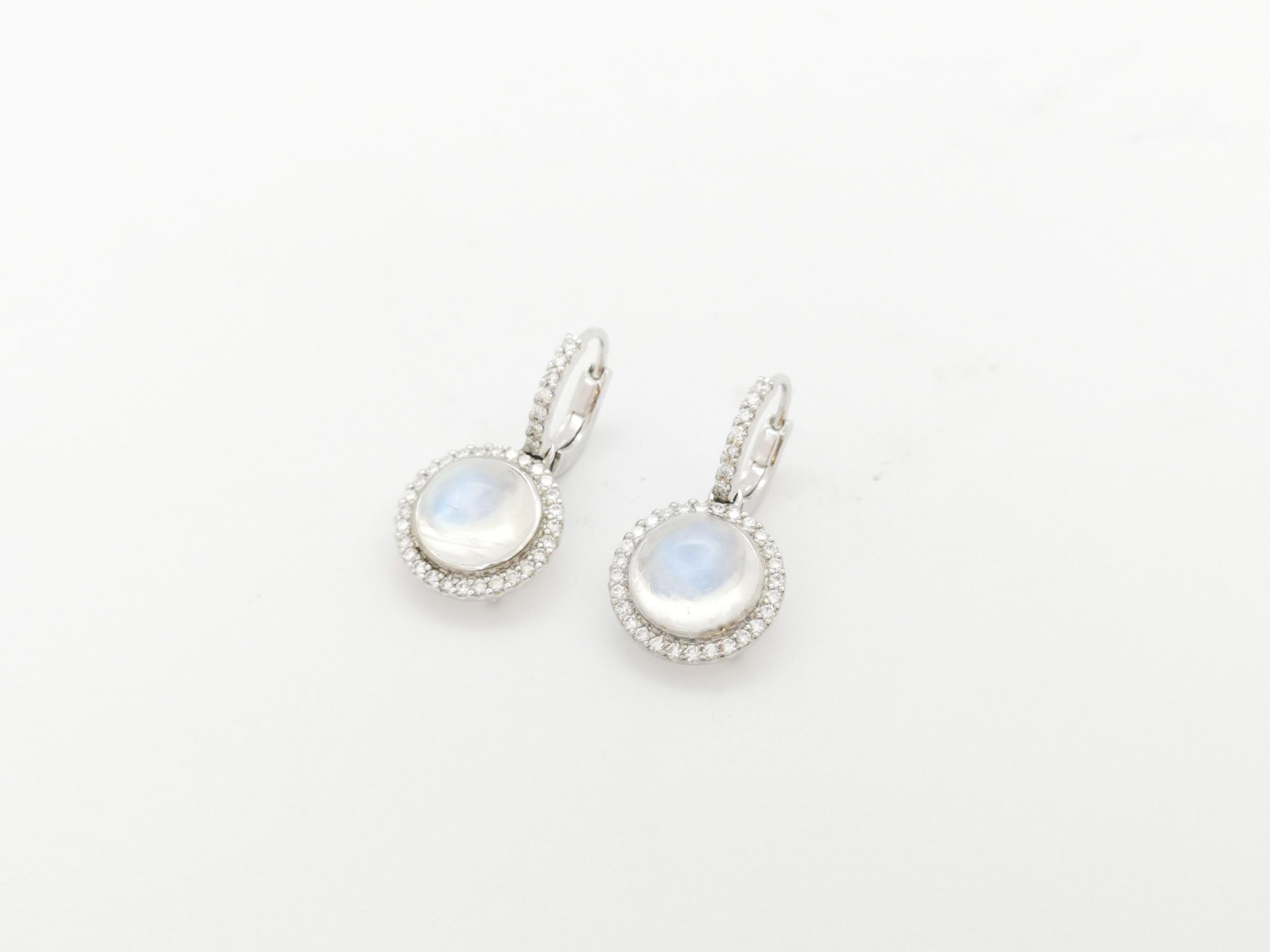 Moonstone with Diamond Earrings set in 18K White Gold Settings For Sale 1