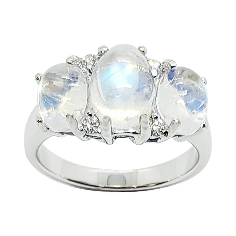 Bague Visage Lune En Or Blanc 10 Carats Avec Pierre De Lune Et Diamants - Taille 7, Occasion Excellent état