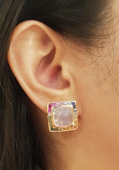Moonstone with Multi-Color Sapphire Earrings set in 18K Rose Gold Settings
