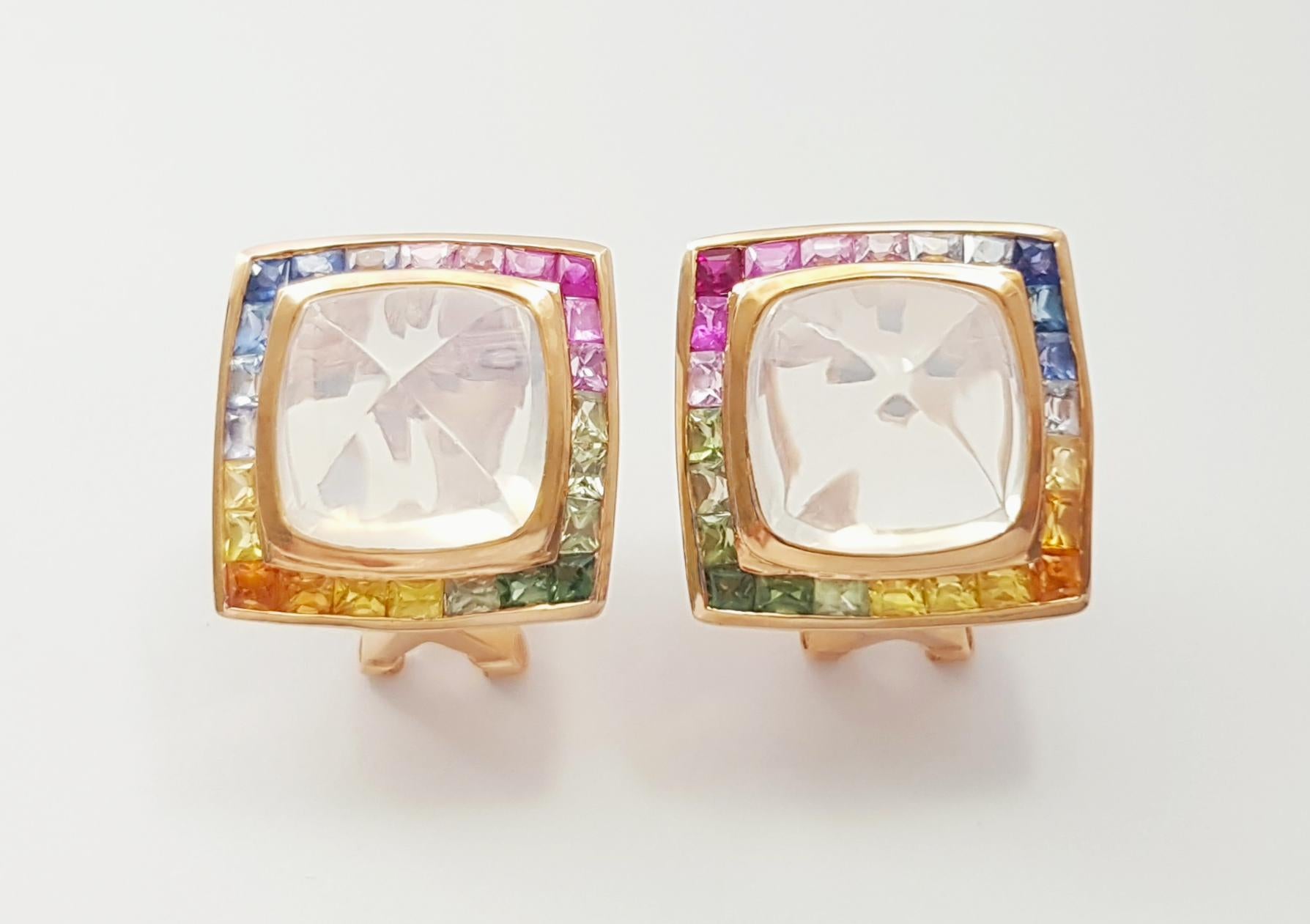Contemporary Moonstone with Multi-Color Sapphire Earrings set in 18K Rose Gold Settings For Sale