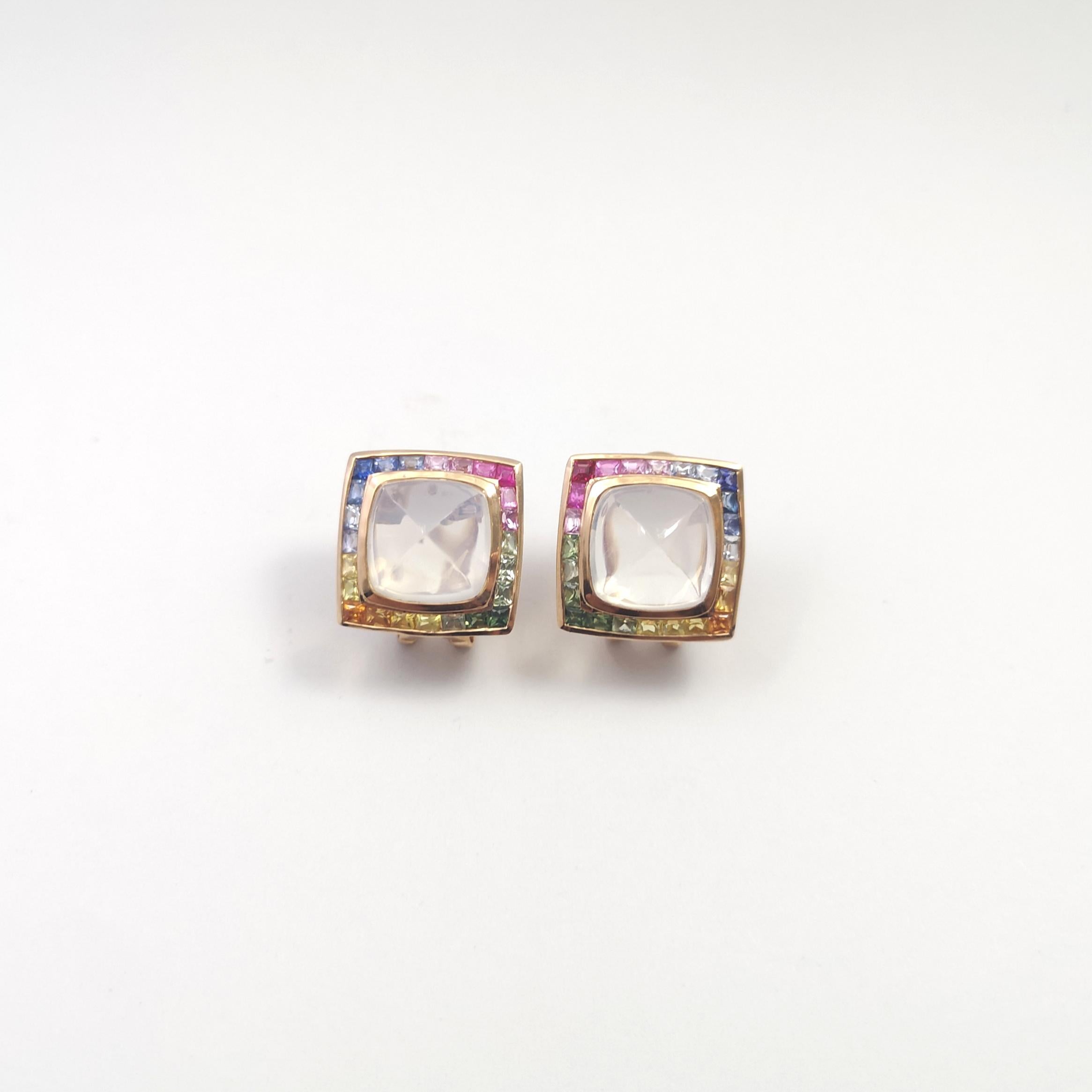Sugarloaf Cabochon Moonstone with Multi-Color Sapphire Earrings set in 18K Rose Gold Settings For Sale