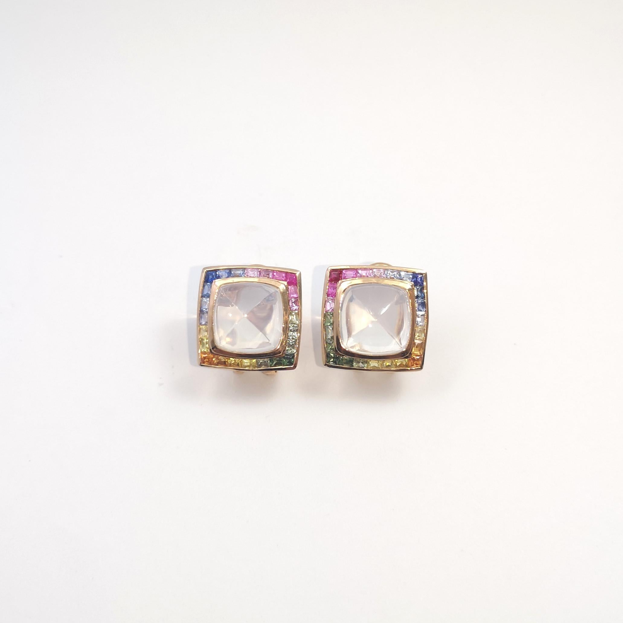 Moonstone with Multi-Color Sapphire Earrings set in 18K Rose Gold Settings In New Condition For Sale In Bangkok, TH