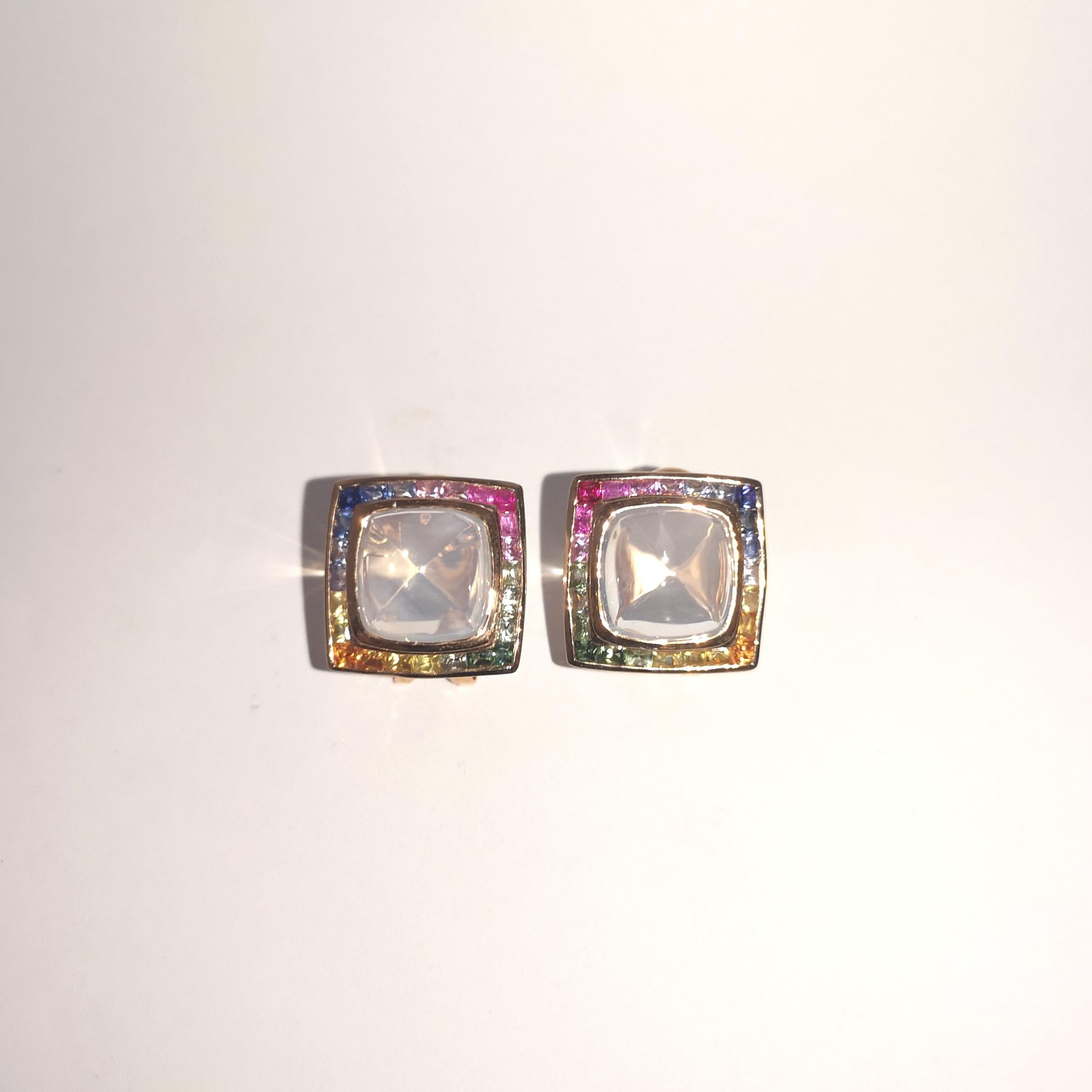 Women's Moonstone with Multi-Color Sapphire Earrings set in 18K Rose Gold Settings For Sale