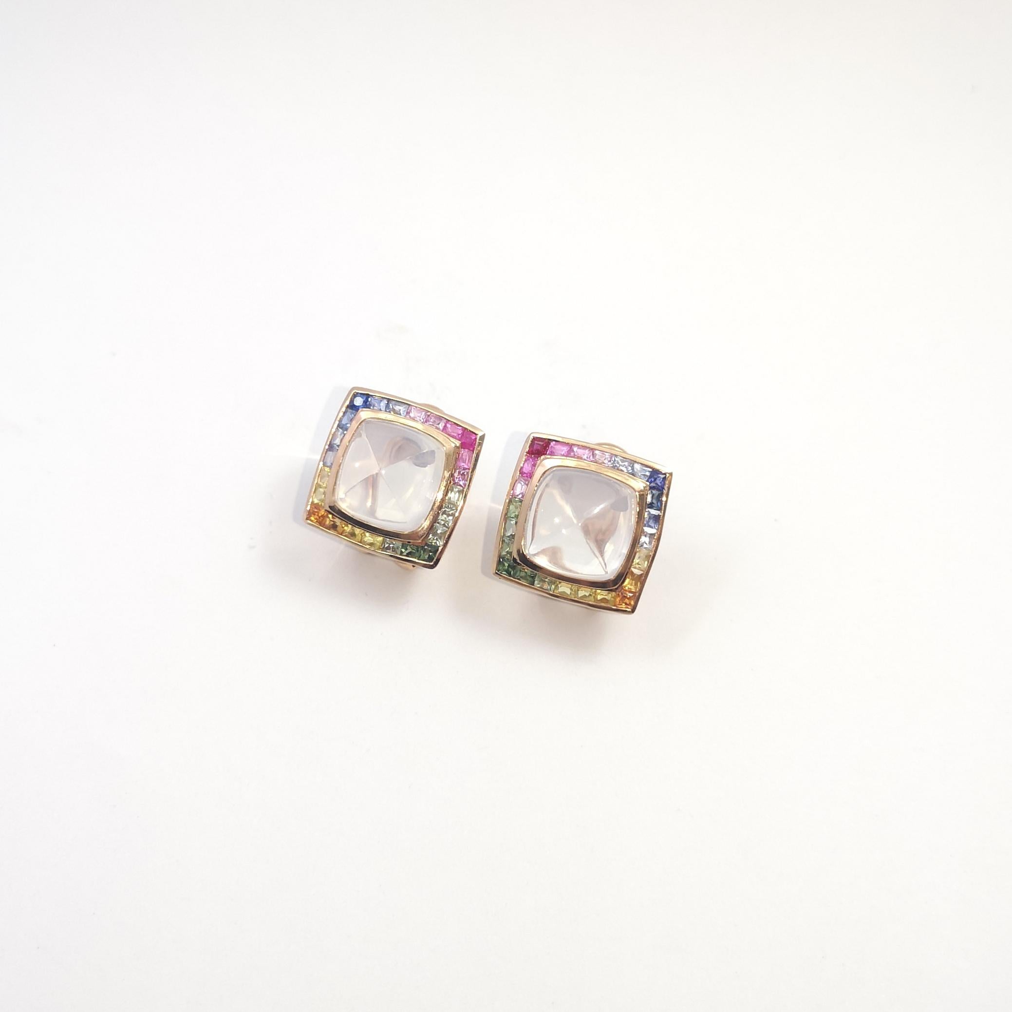 Moonstone with Multi-Color Sapphire Earrings set in 18K Rose Gold Settings For Sale 1