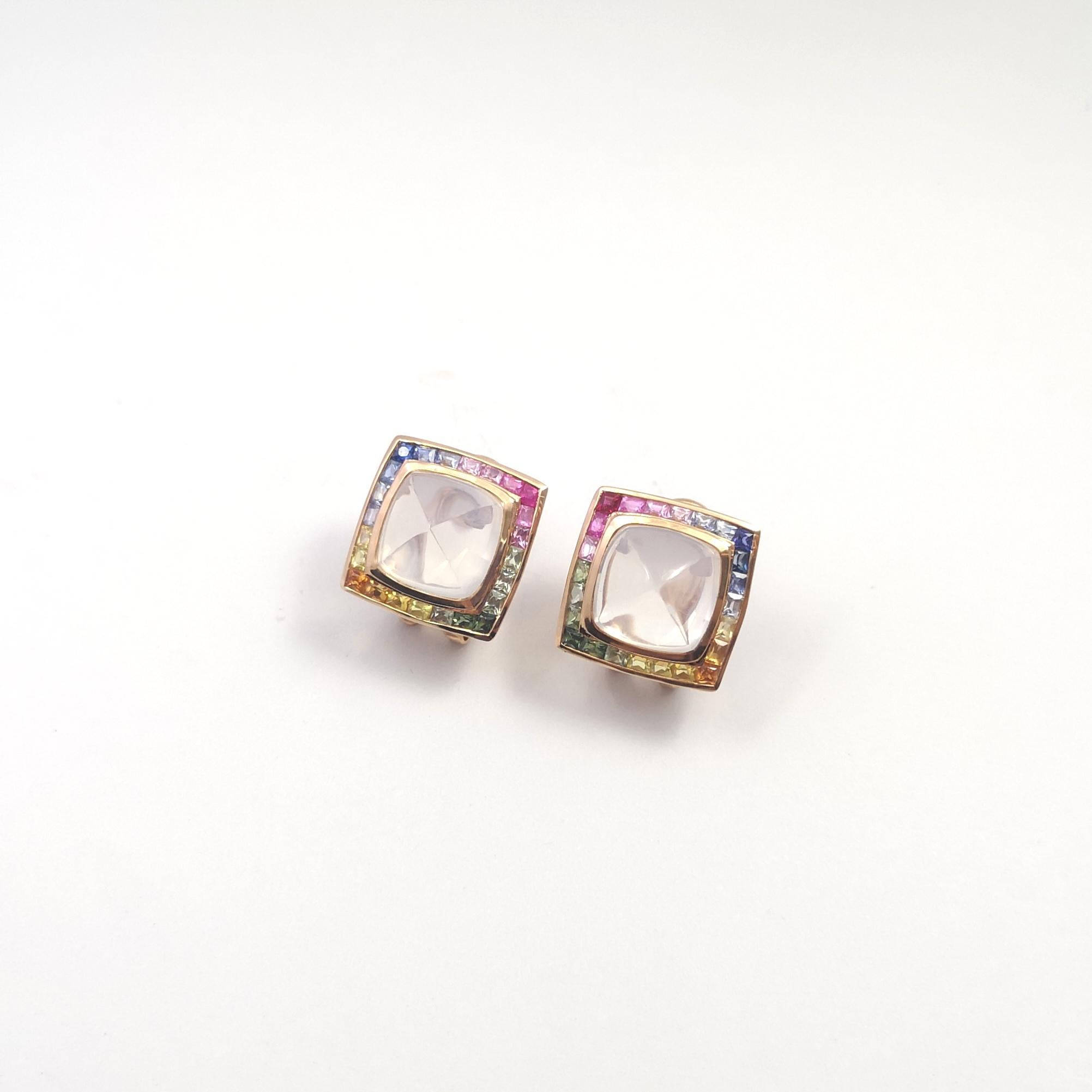 Moonstone with Multi-Color Sapphire Earrings set in 18K Rose Gold Settings For Sale 2