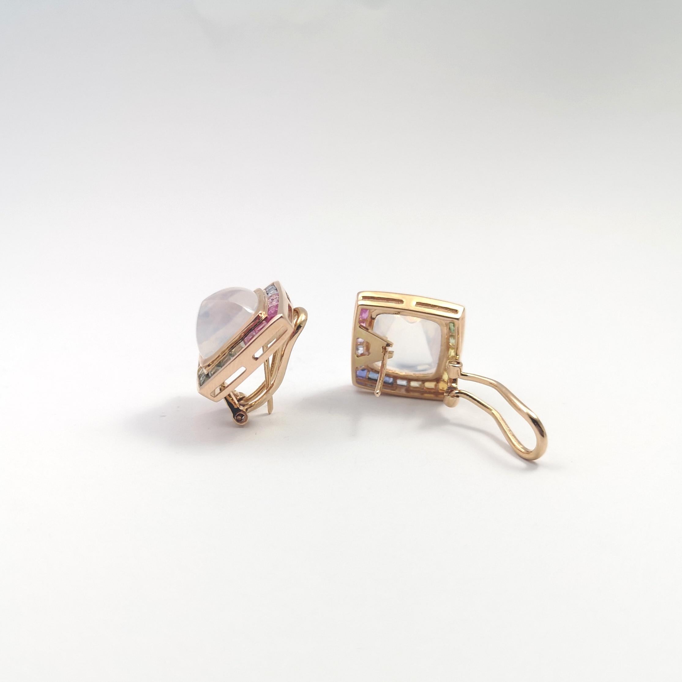 Moonstone with Multi-Color Sapphire Earrings set in 18K Rose Gold Settings For Sale 3