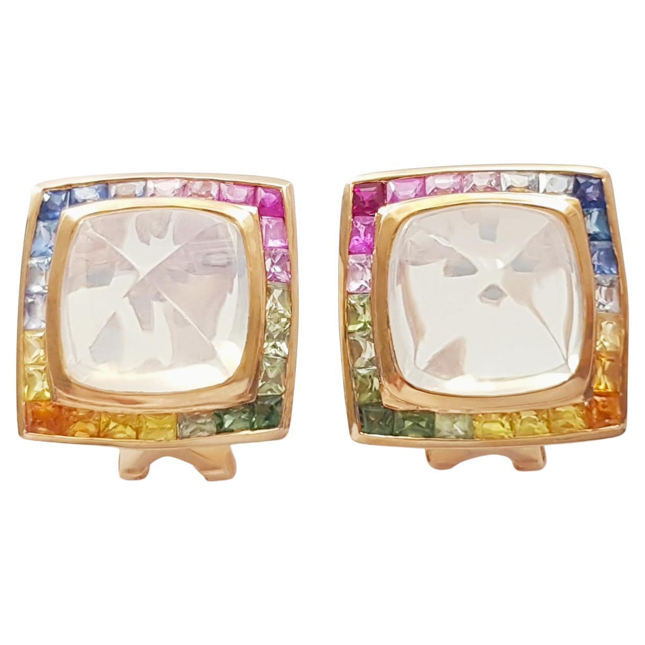 Moonstone with Multi-Color Sapphire Earrings set in 18K Rose Gold Settings For Sale