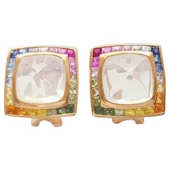 Moonstone with Multi-Color Sapphire Earrings set in 18K Rose Gold Settings