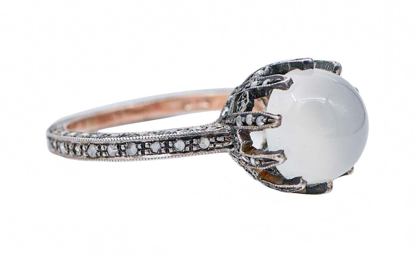 Retro Moonstone, Diamonds, 14 Karat Rose Gold and Silver Ring. For Sale