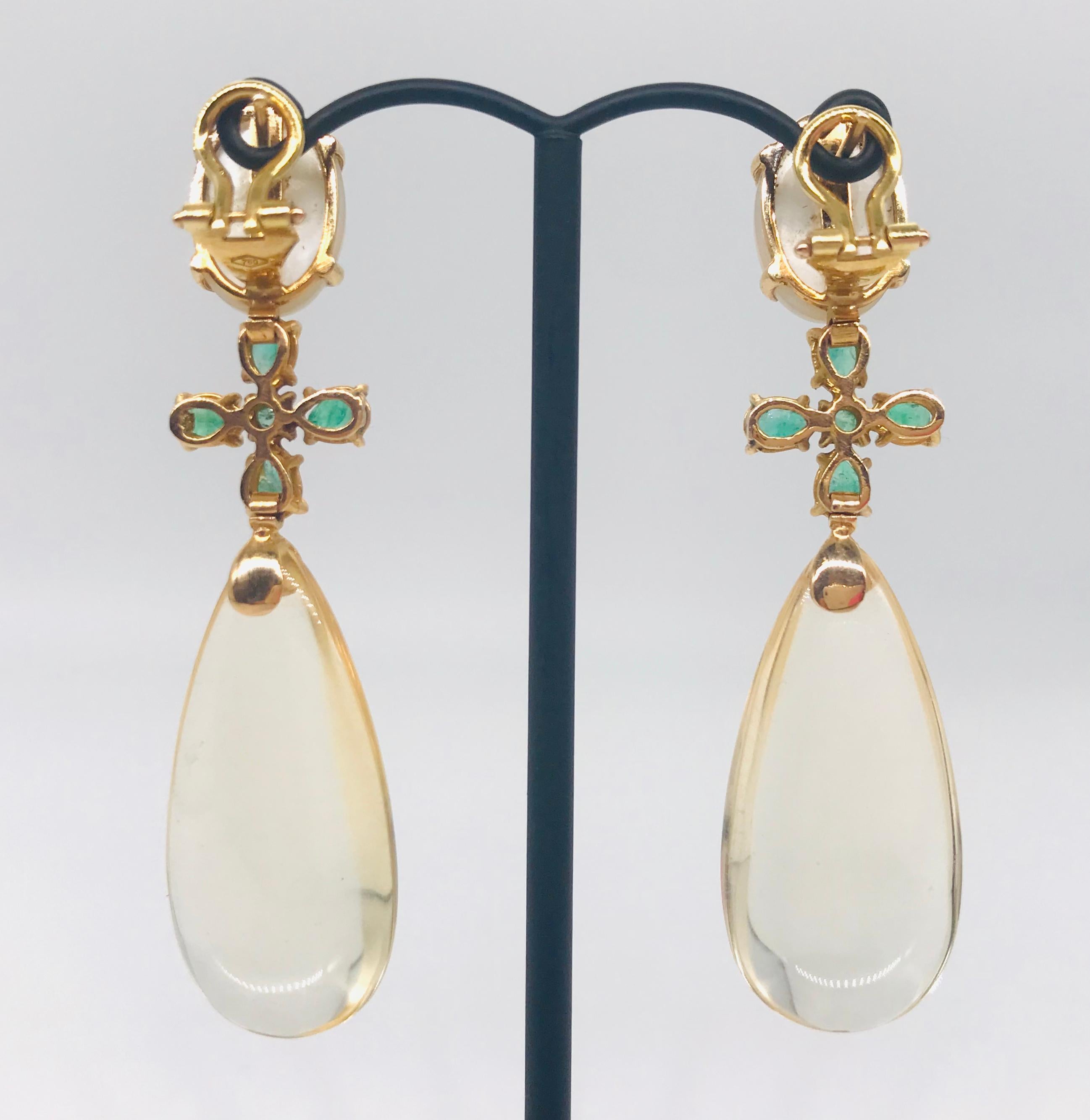 Round Cut Moonstones, Hydro Citrine and Emeralds on Yellow Gold 18k Chandelier Earrings