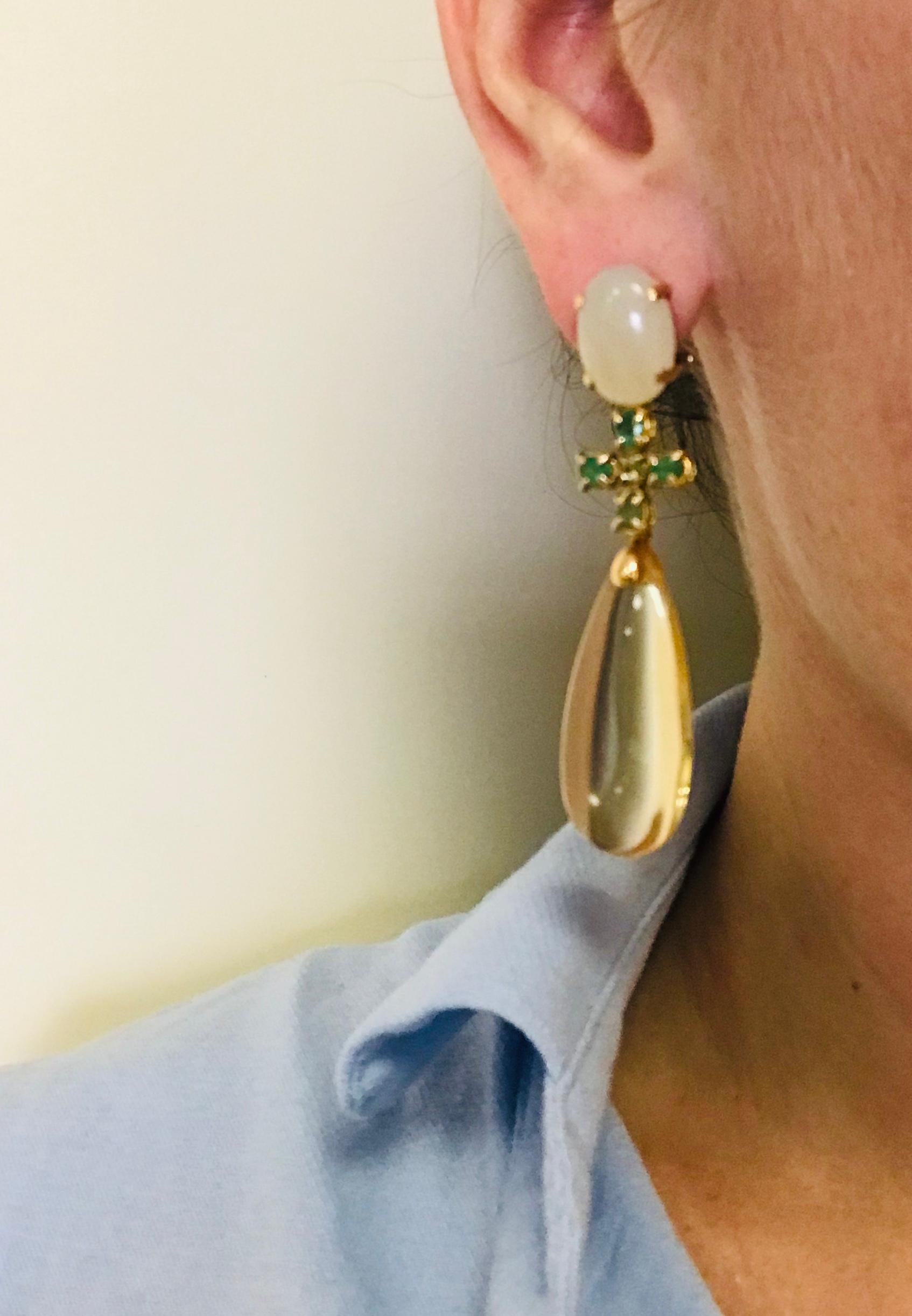 Women's Moonstones, Hydro Citrine and Emeralds on Yellow Gold 18k Chandelier Earrings