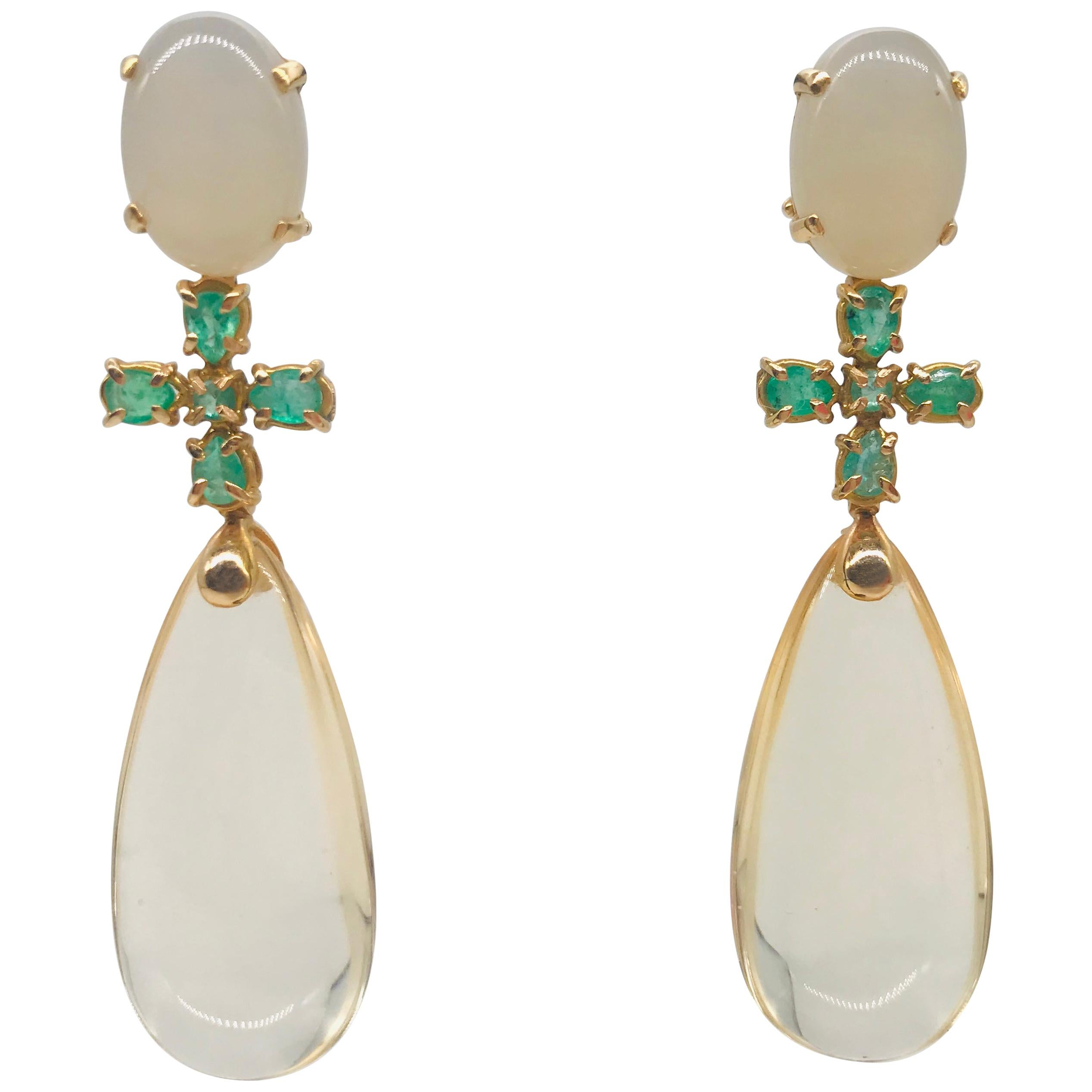 Moonstones, Hydro Citrine and Emeralds on Yellow Gold 18k Chandelier Earrings