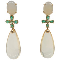 Moonstones, Hydro Citrine and Emeralds on Yellow Gold 18k Chandelier Earrings