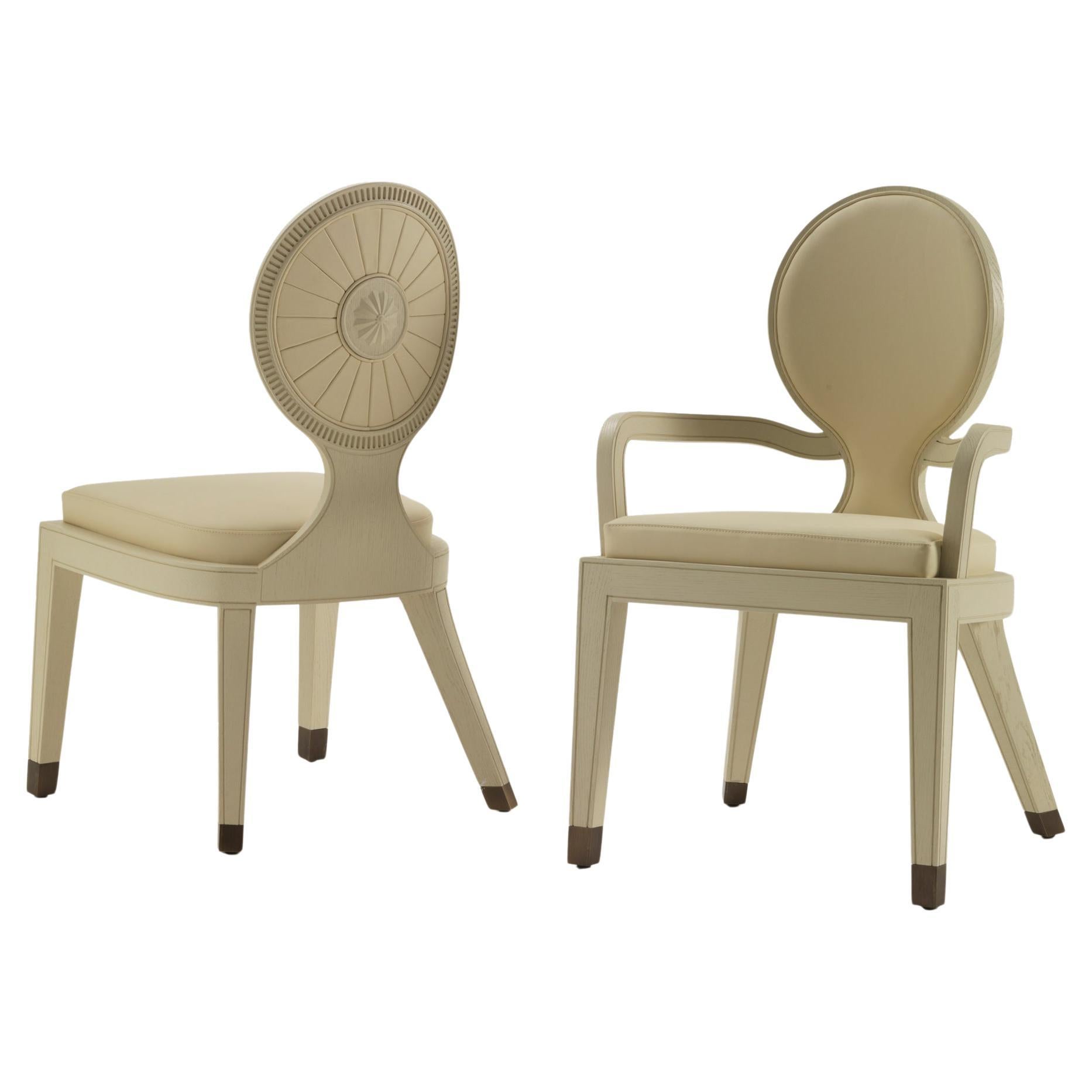 Moon&Sun Cream Wooden Chair with Leather - Oak Wood decorations and brass tips For Sale
