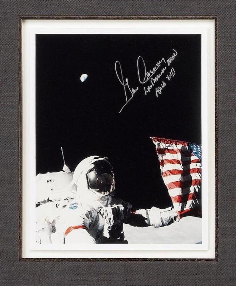 Presented is an exclusive Moonwalkers Collage inclusive of authentic elements relating to the men who walked on the Moon. The collage is made up of the following elements: Original Apollo mission patches; Apollo 15 30th anniversary FDC signed by