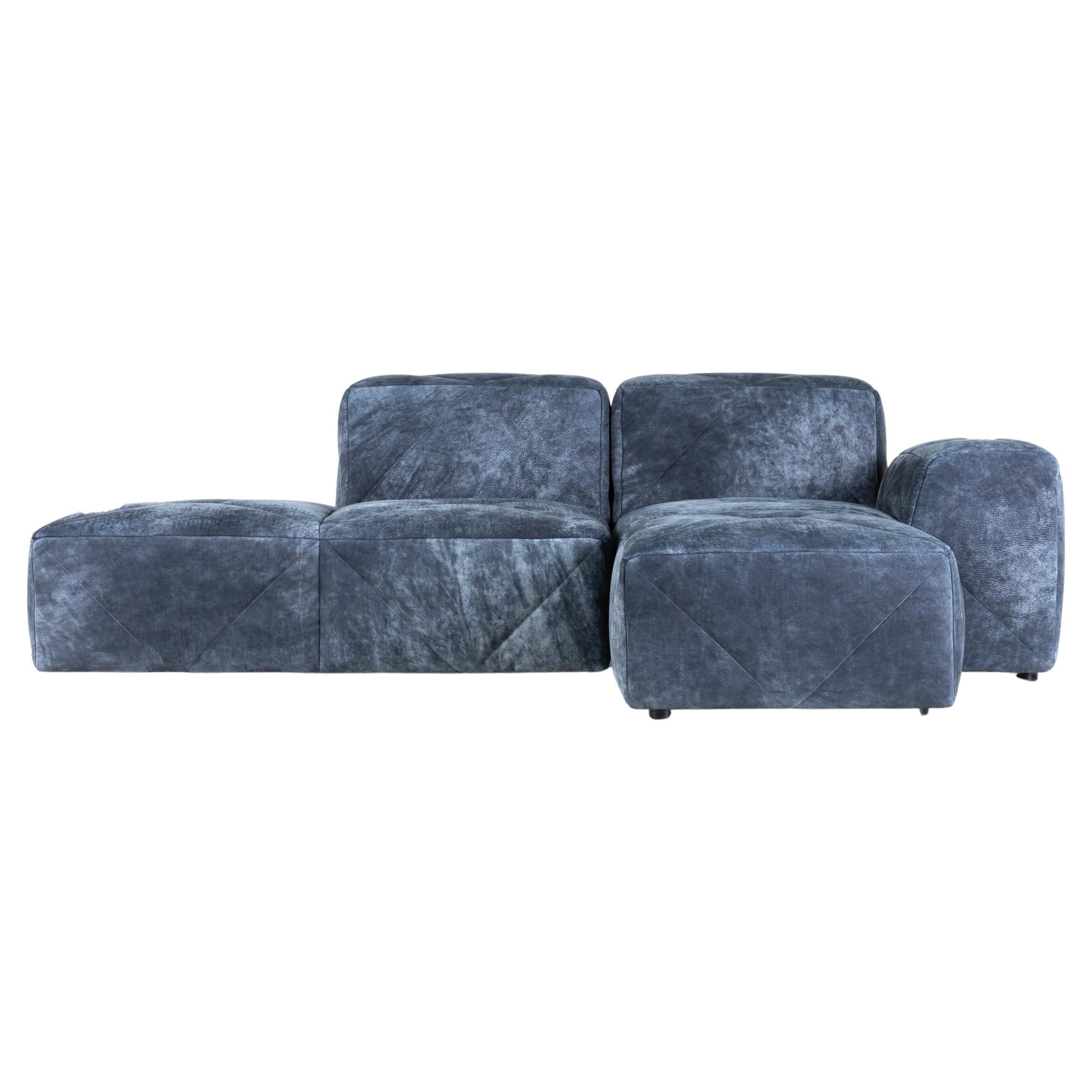 Moooi BFF Right Arm Chaise Longue Sofa in Dwarf Rhino Buffed Blue Upholstery For Sale