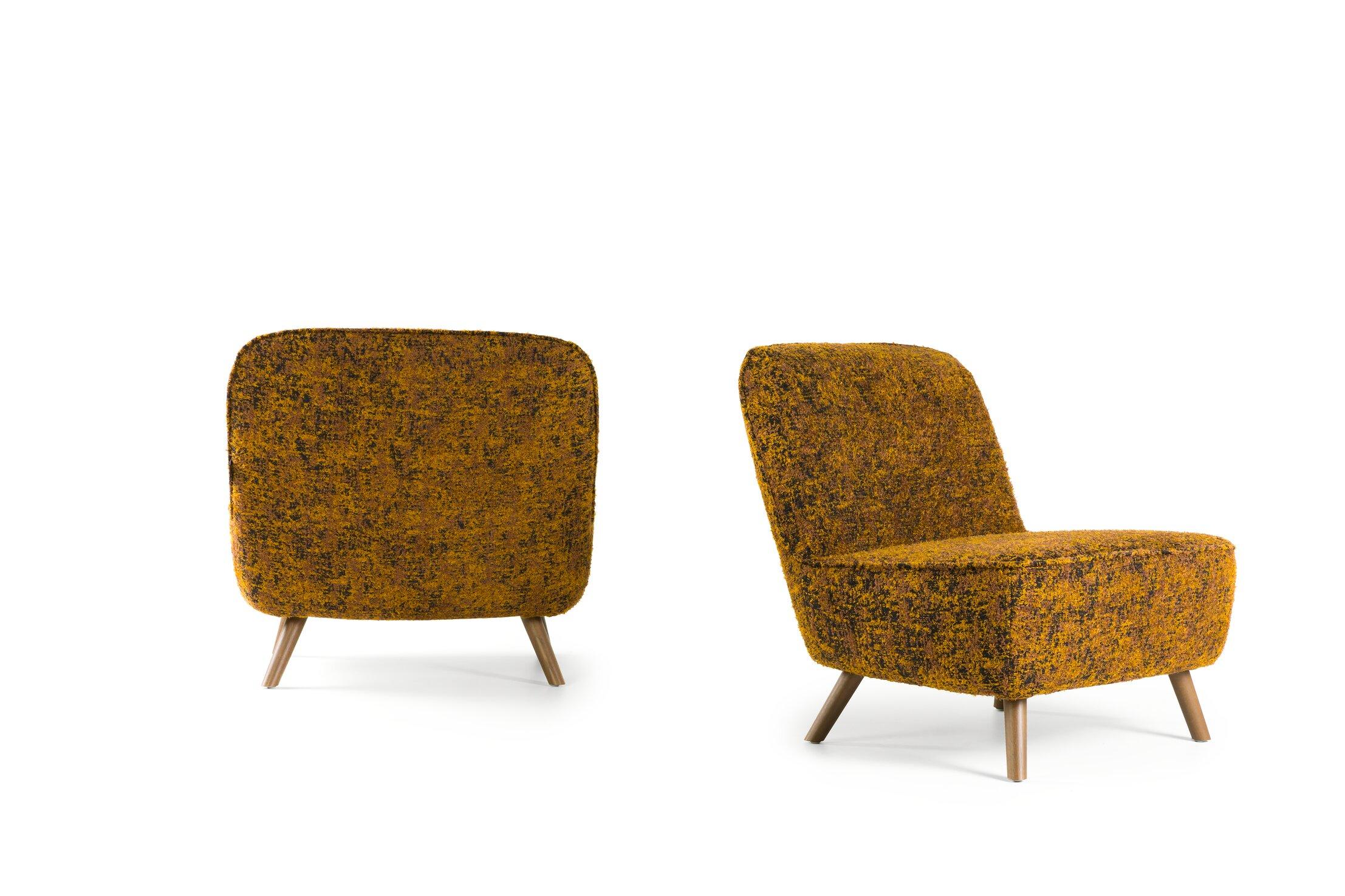 Dutch Moooi Cocktail Chair in Jacquard Mustard Upholstery with White Wash Stained Legs