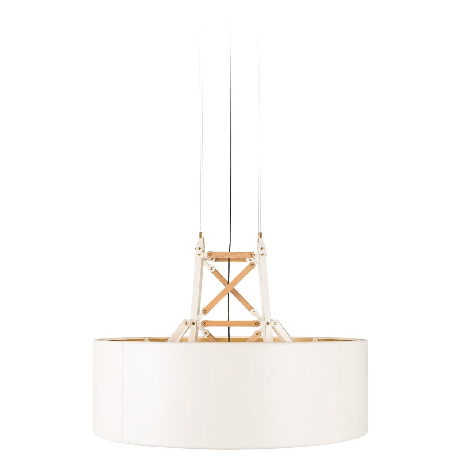Moooi Construction Large Suspension Lamp in White Aluminum with Wooden Slats For Sale