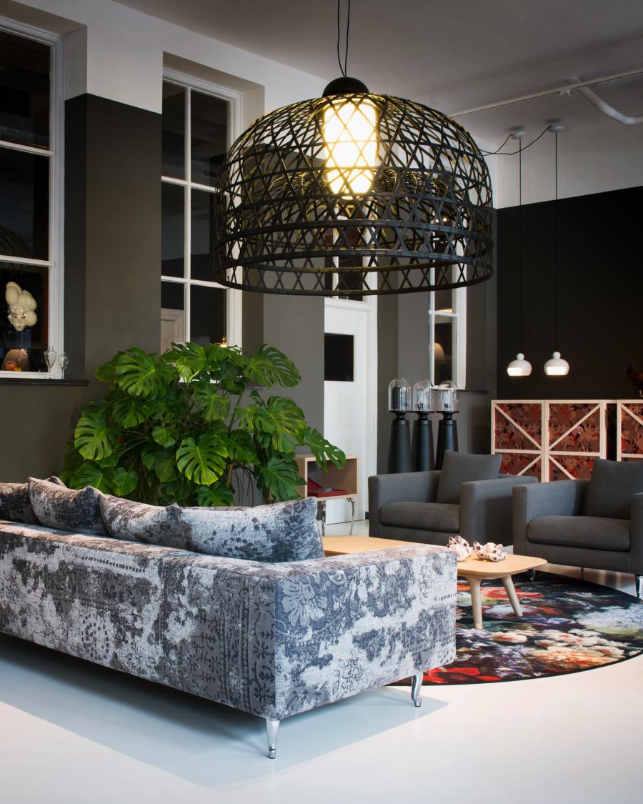 Modern Moooi Emperor Medium Suspension Lamp in Black Bamboo Rattan Shade by Neri and Hu For Sale