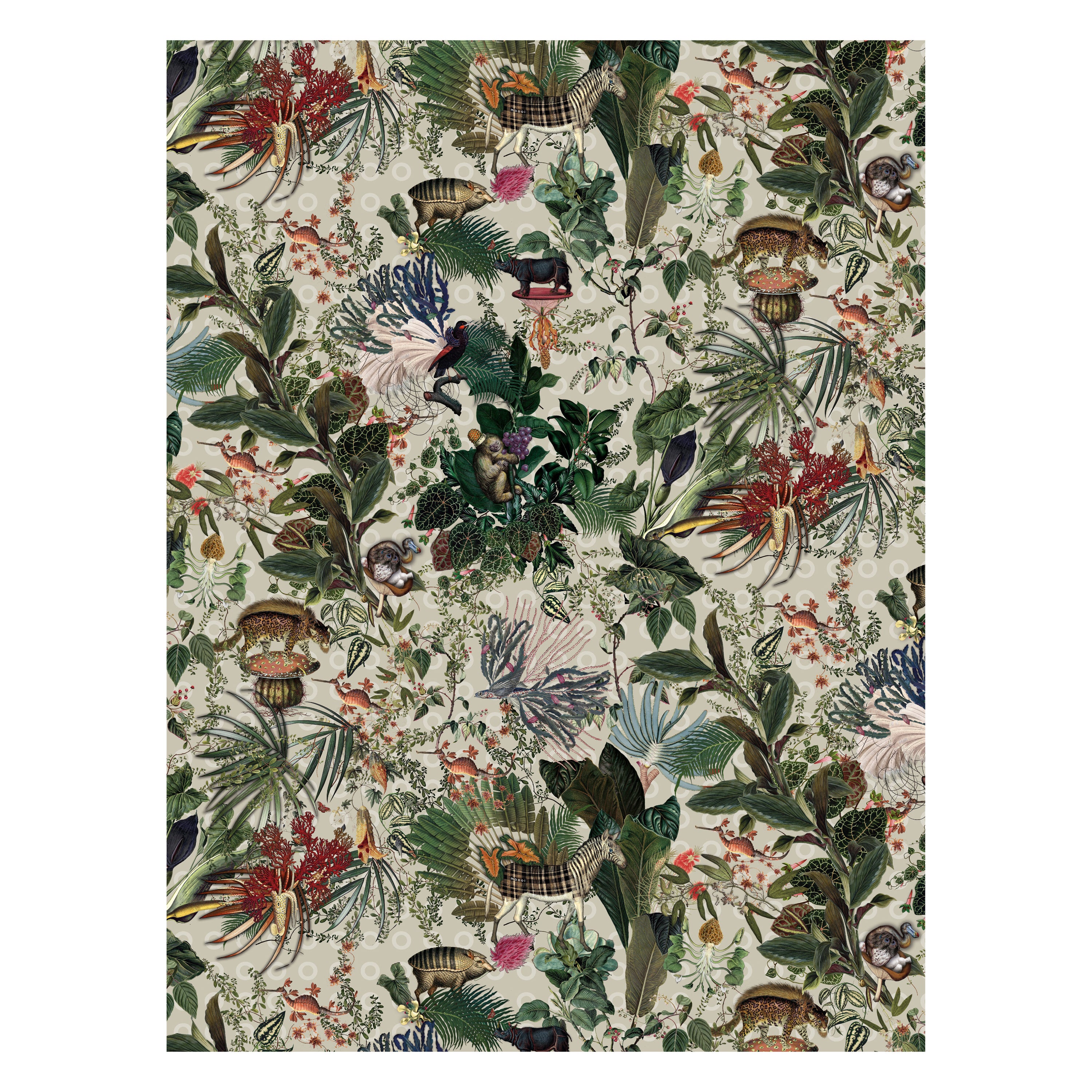 Moooi - Grand tapis rectangulaire en laine ivoire motif animaux disparus avec ourlet aveugle